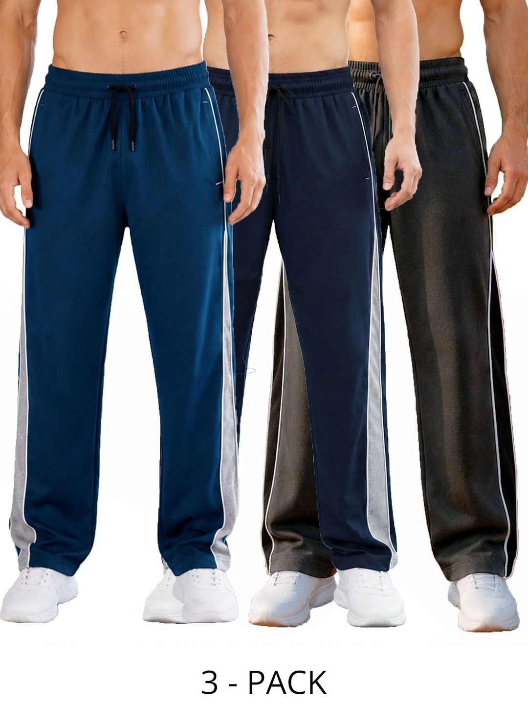 T.T. Men Pack Of 3 Colourblocked Mid-Rise Cotton Track Pants-picture-34