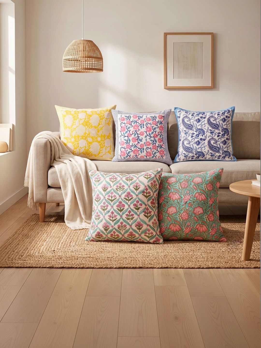 HANDICRAFT PALACE Yellow & Green Set of 5 Floral Square Cushion Covers-picture-3