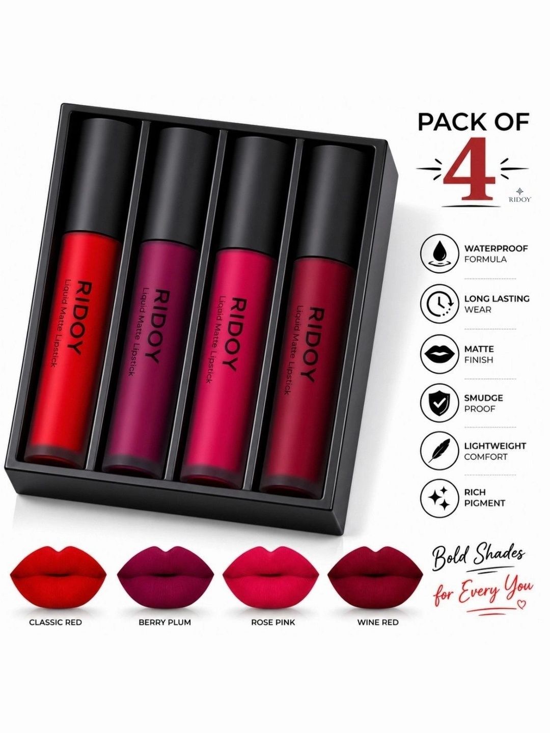 ridoy Set Of 4 Waterproof Liquid Matte Lipstick-3 ml Each - Classic Red-Berry Plum-picture-27