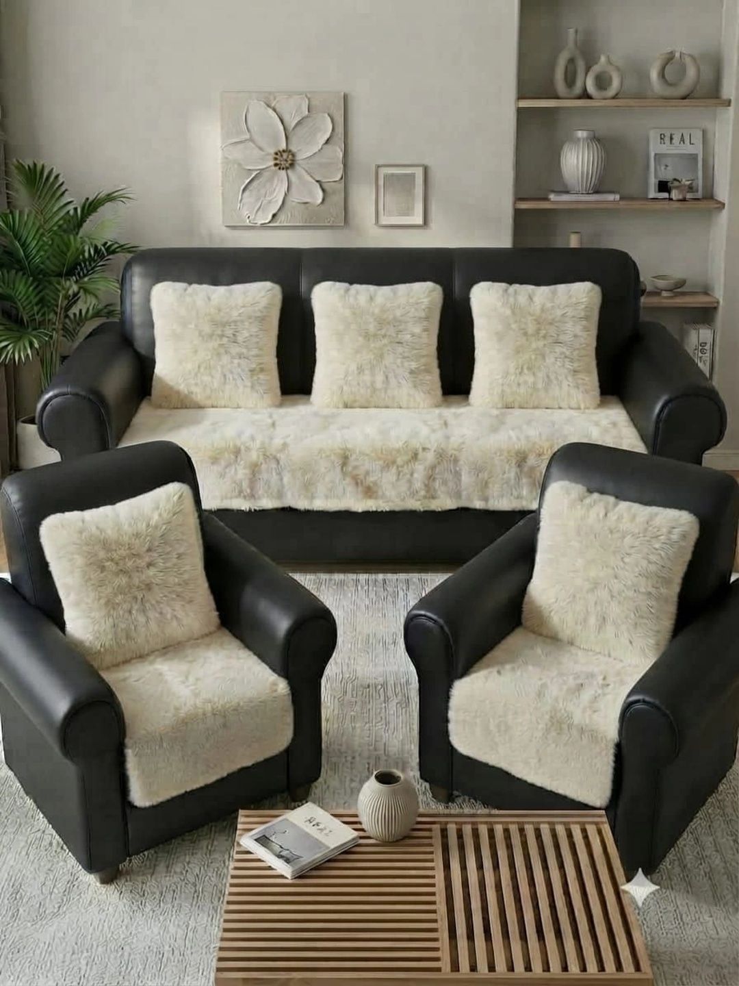 KANUM Cream-Coloured Solid Viscose Rayon Blend 5 Piece Sofa Cover Without Arms-picture-19