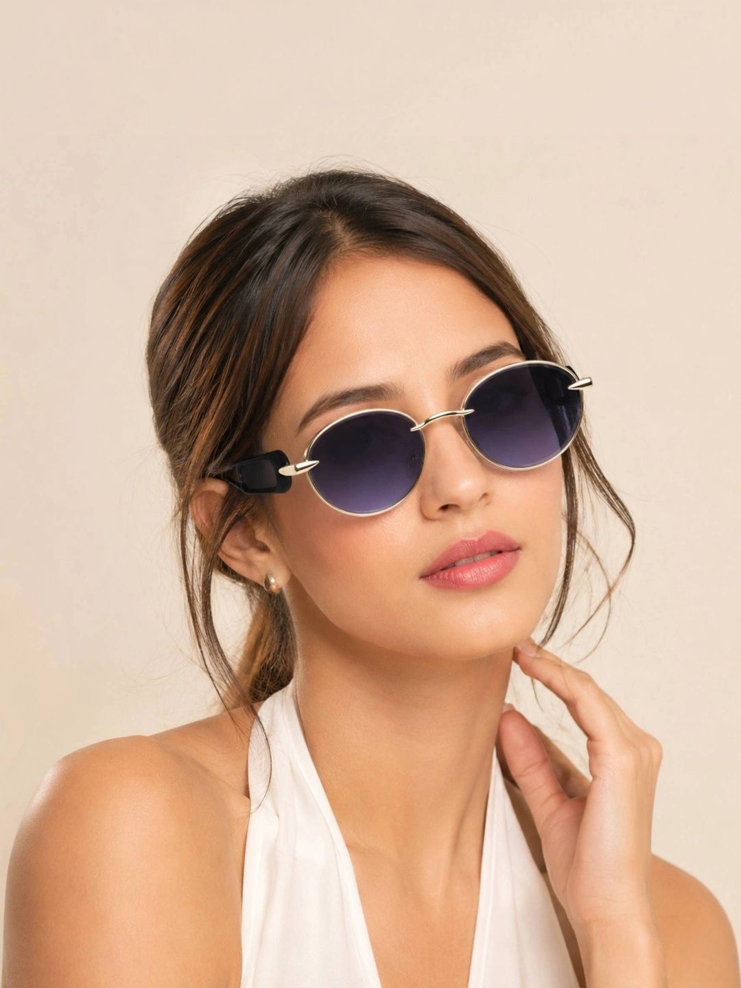 LensKandy Women Blue Lens & Gold-Toned Oval Sunglasses with-picture-27