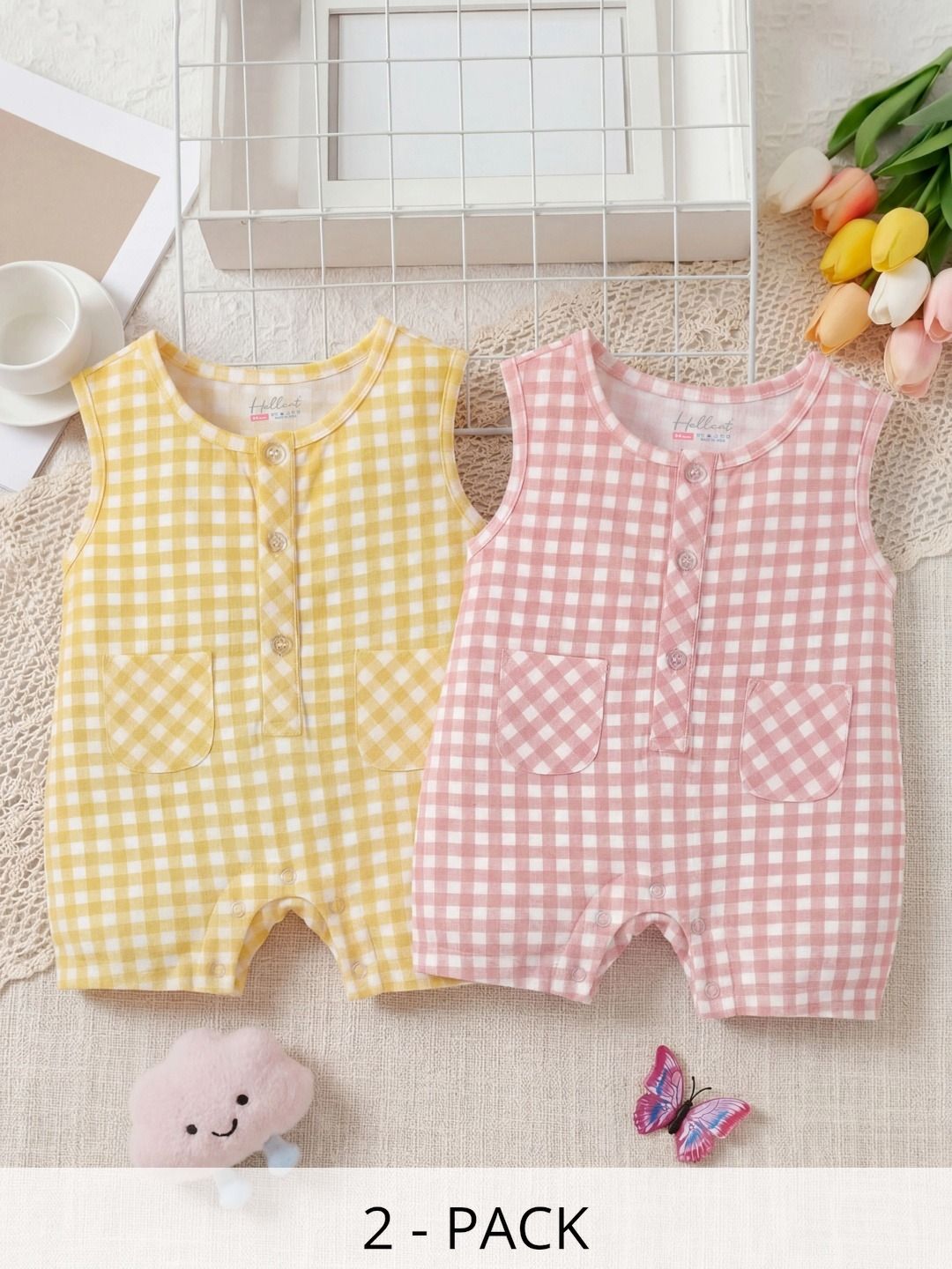 HELLCAT Infants Pack of 2 Checked Cotton Rompers-picture-37