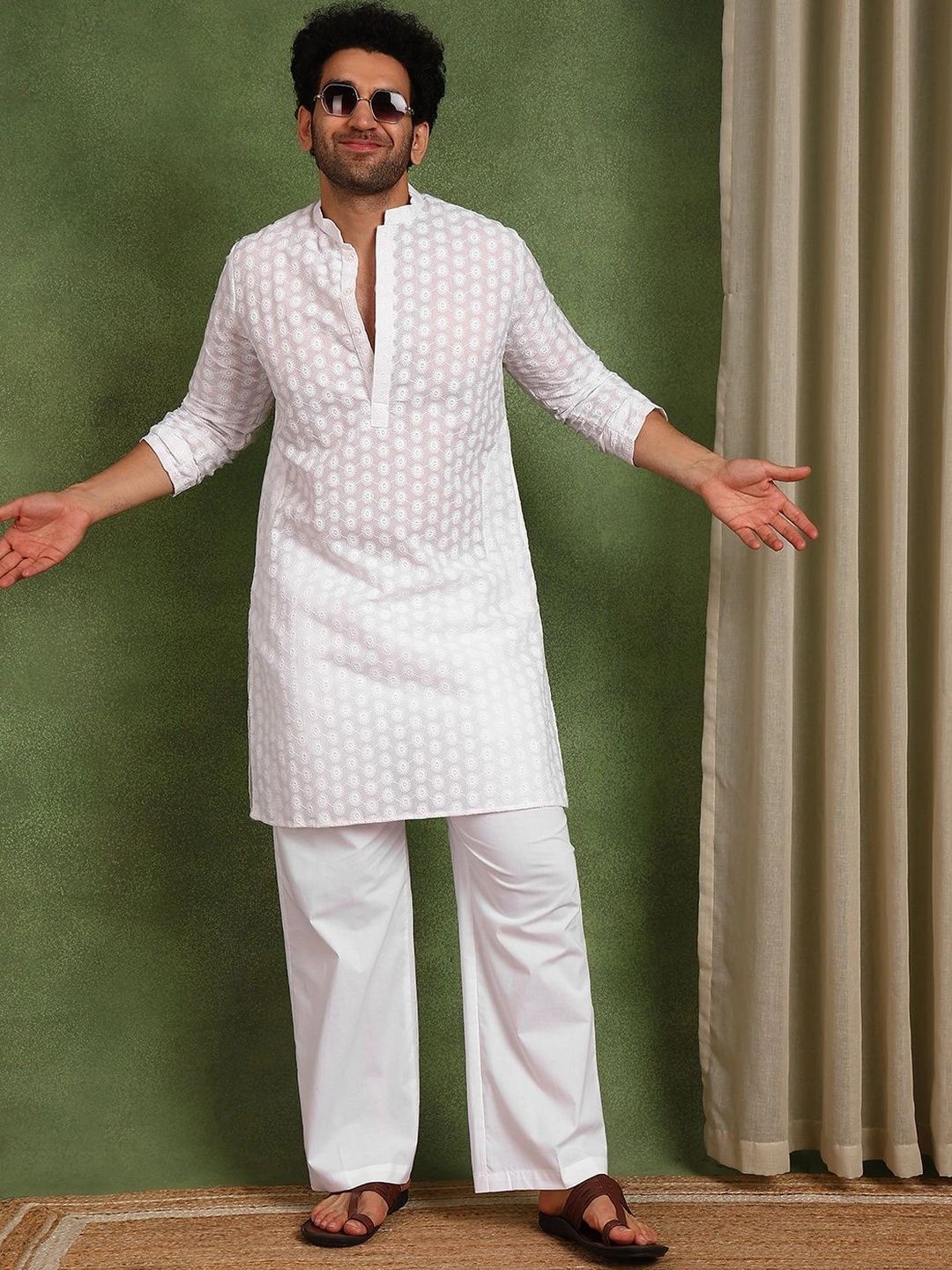 See Designs Men Ethnic Motifs Embroidered Regular Chikankari Pure Cotton Kurta with Pyjamas-picture-15