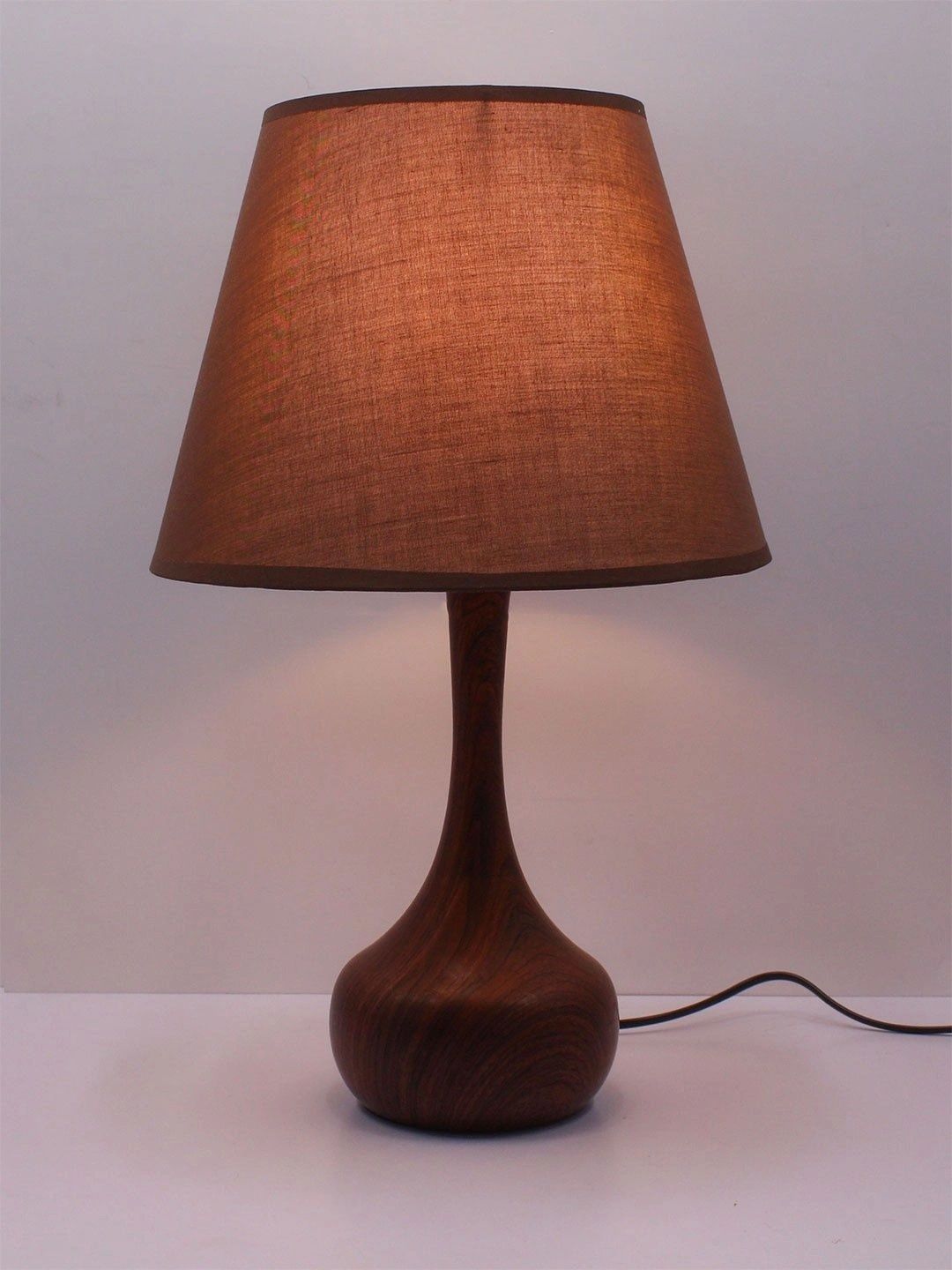 ELARE Brown Textured Wood Contemporary Bell Shaped Table Lamp with Bulb-image-40