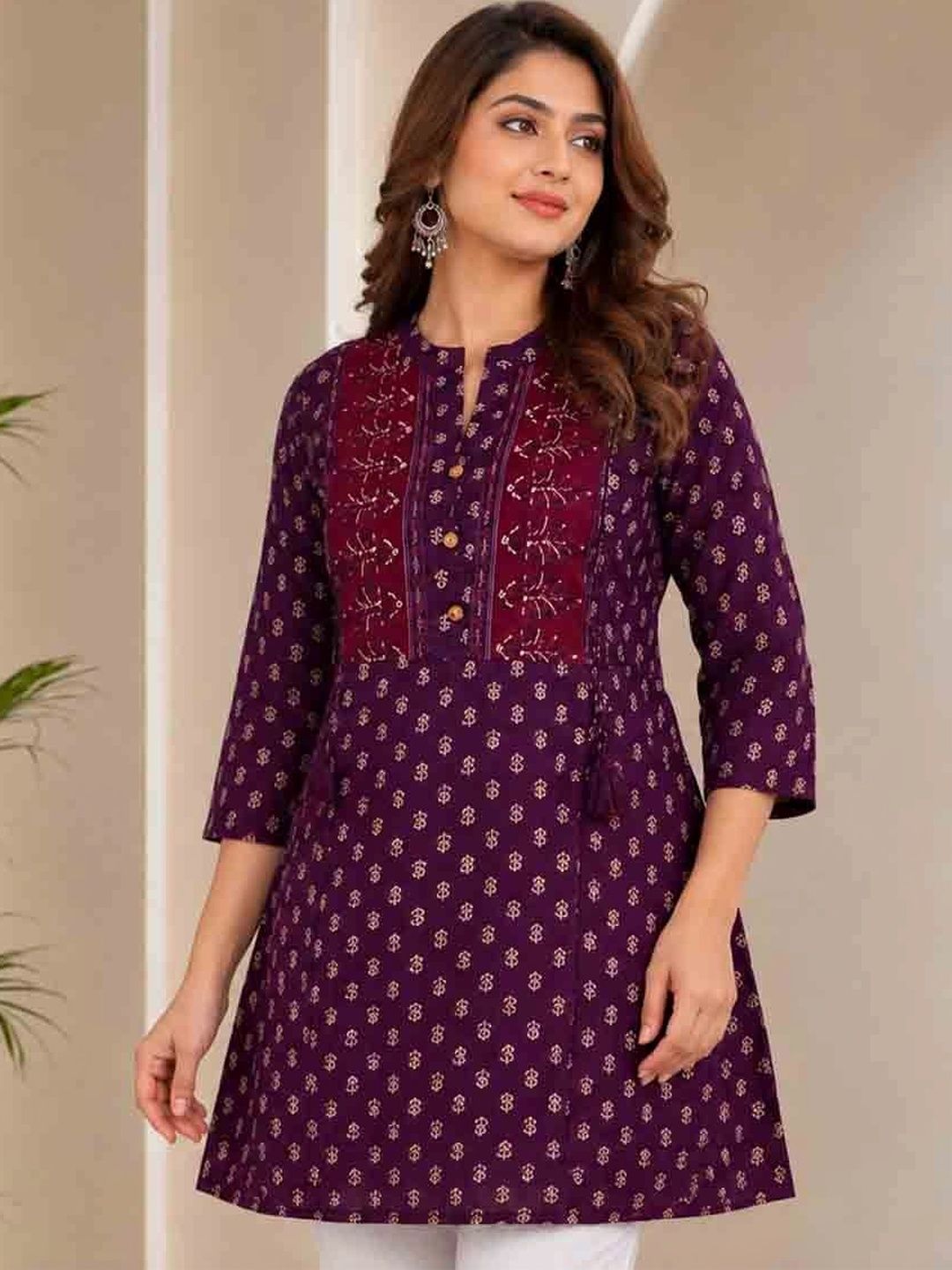 Moda Rapido Print Mandarin Collar Ethnic Cotton Blend Top-picture-54