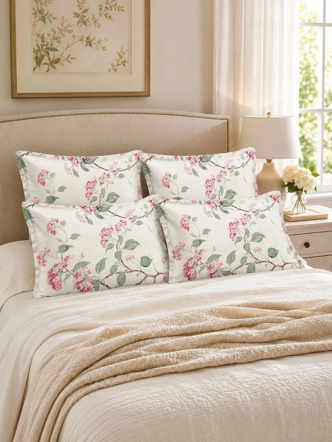 The Home Story Cream-Coloured 4 Pieces Floral Pure Cotton Blend Rectangle Pillow Covers-picture-33