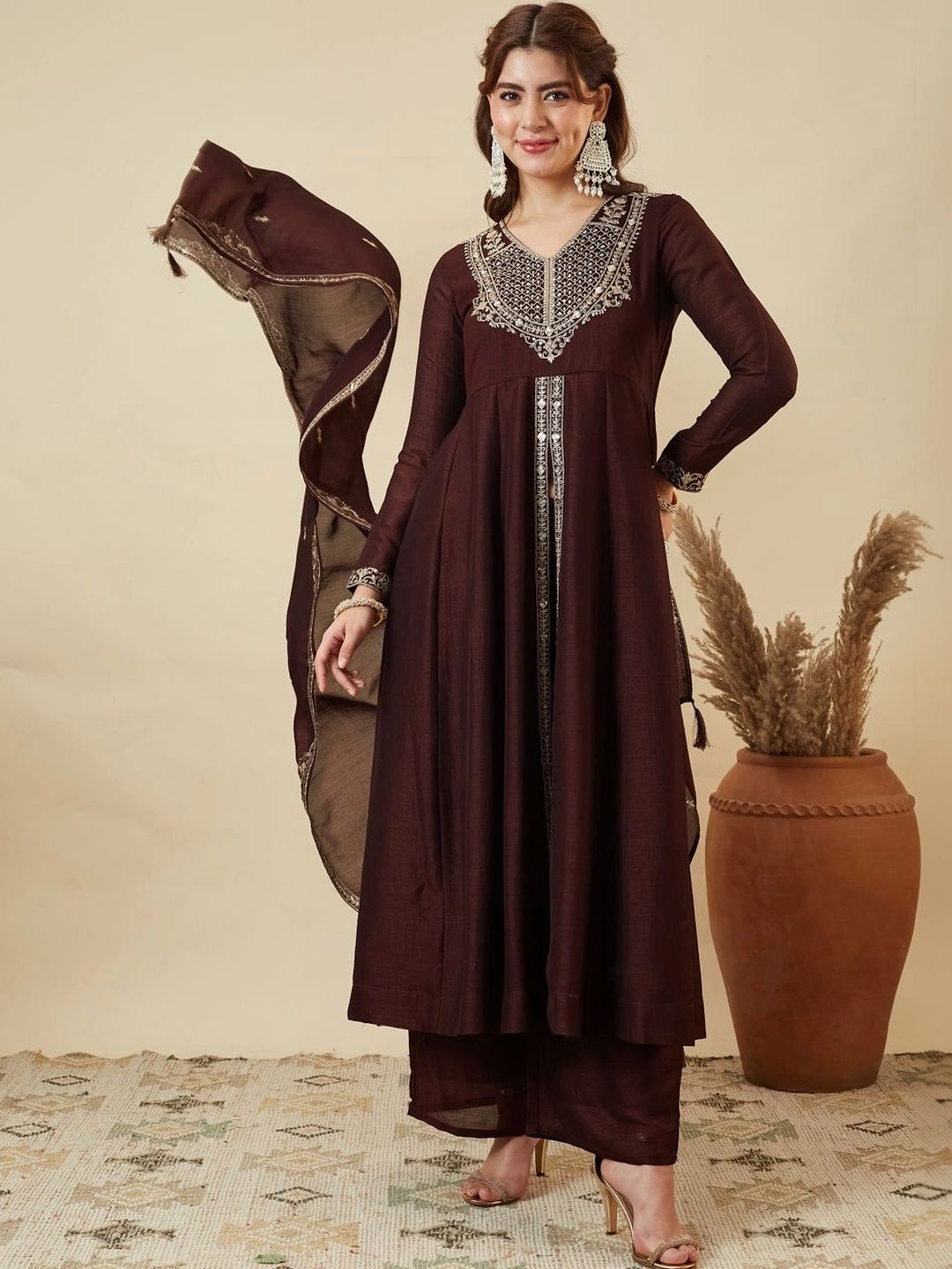 MOKOSH Women Ethnic Motifs Embroidered Empire Sequinned Pure Silk Kurta with Palazzos & With Dupatta-picture-42