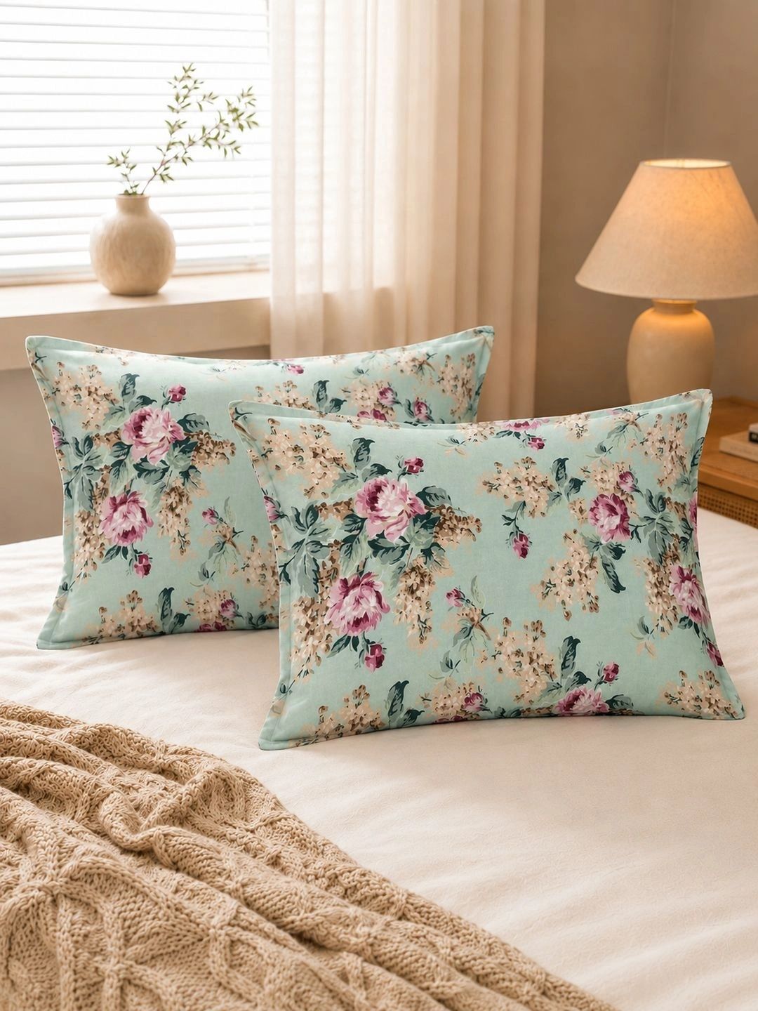 Clasiko Green 2 Pieces Floral Pure Cotton Blend Rectangle Pillow Covers-picture-8