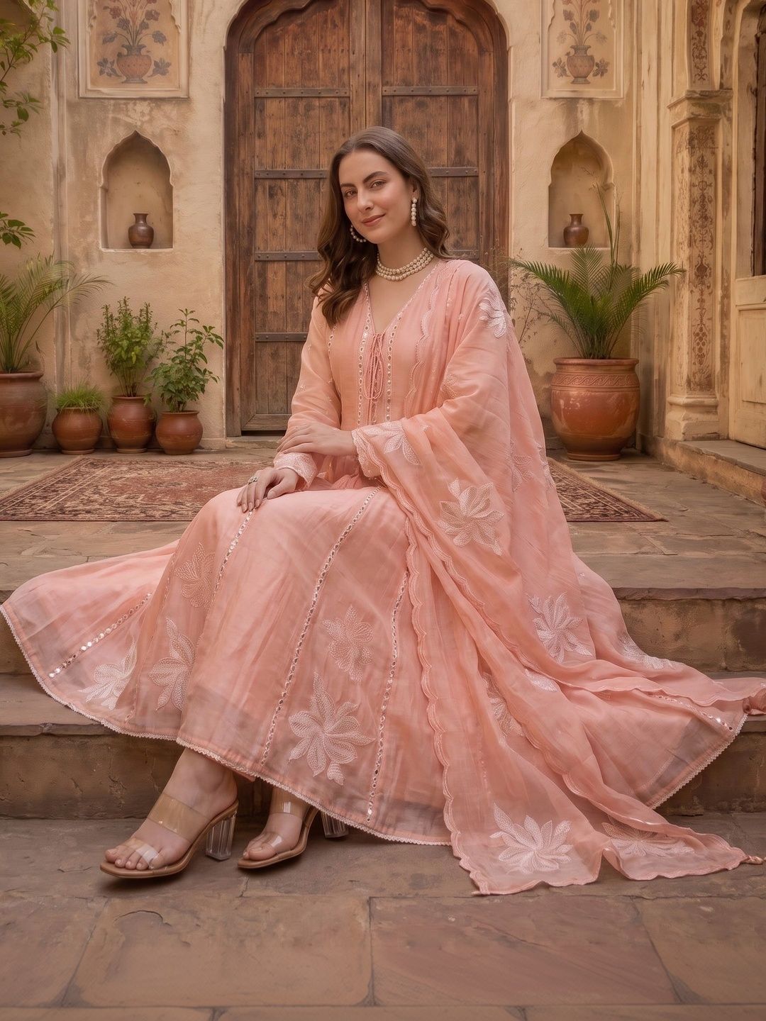 Sangria Women Floral Embroidered Empire Mirror Work Chanderi Silk Kurta with Trousers & With Dupatta-picture-35