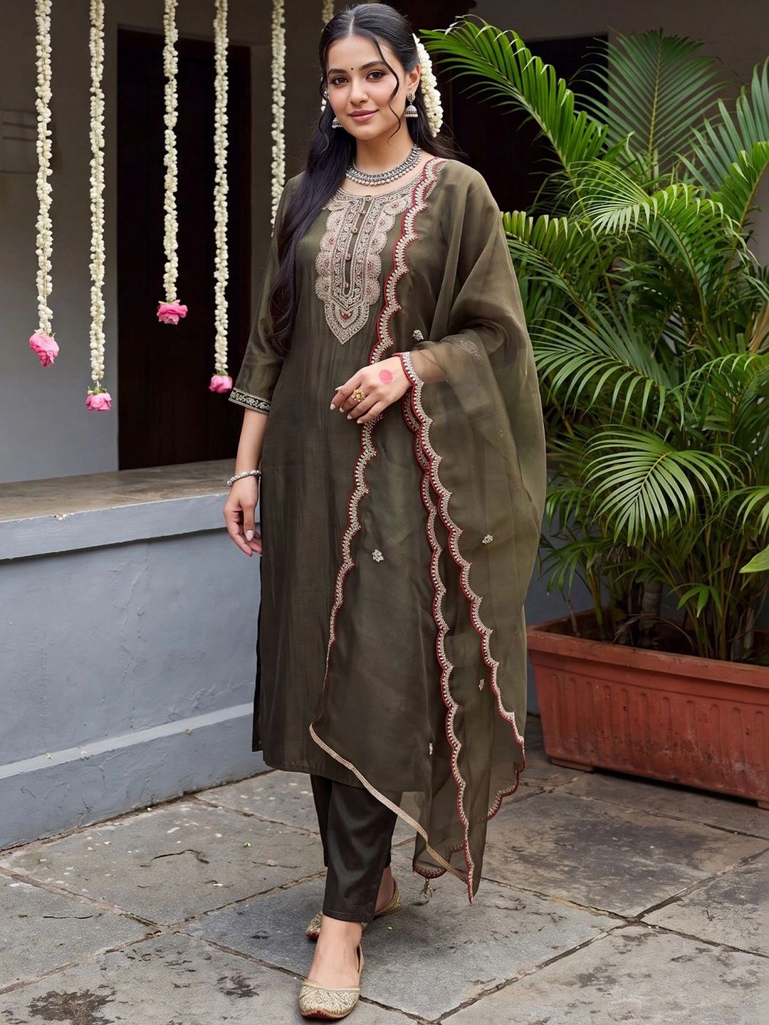 Indo Era Women Ethnic Motifs Embroidered Regular Thread Work Liva Kurta with Trousers & With Dupatta-picture-43