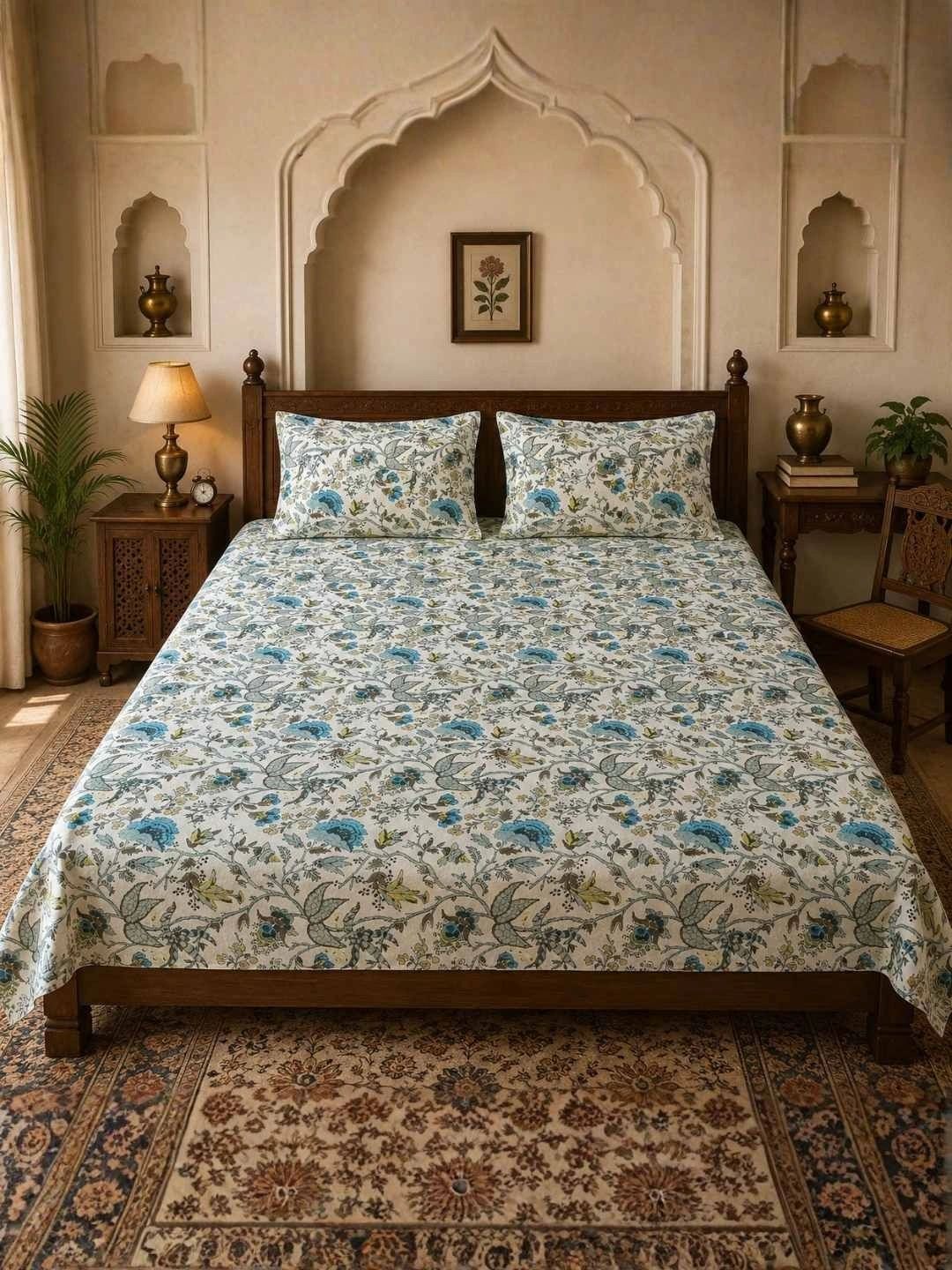 HABOOO Teal & White 144 TC Bedsheet with 2 Pillow Covers-image-45