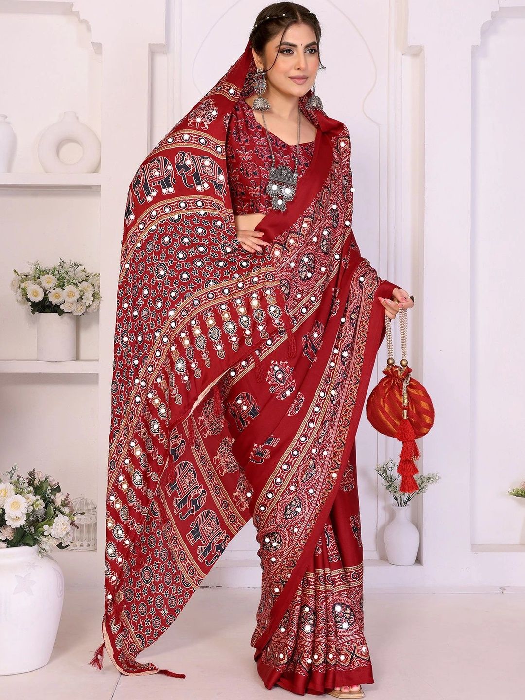 KALINI Kalamkari Mirror Work Satin Heavy Work Saree-picture-37
