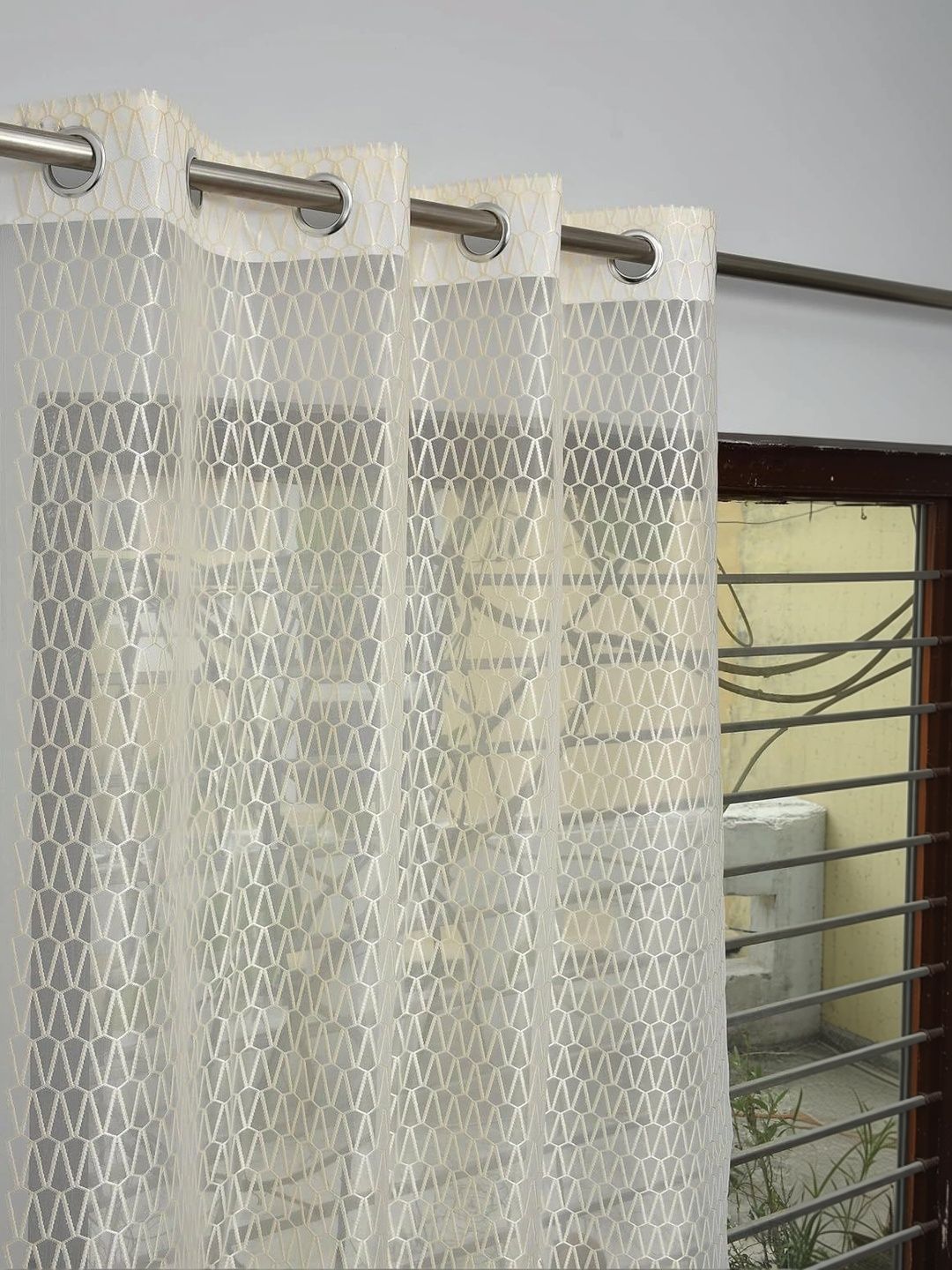 KFHDecor Cream-Coloured Geometric Sheer Door Curtain-image-15