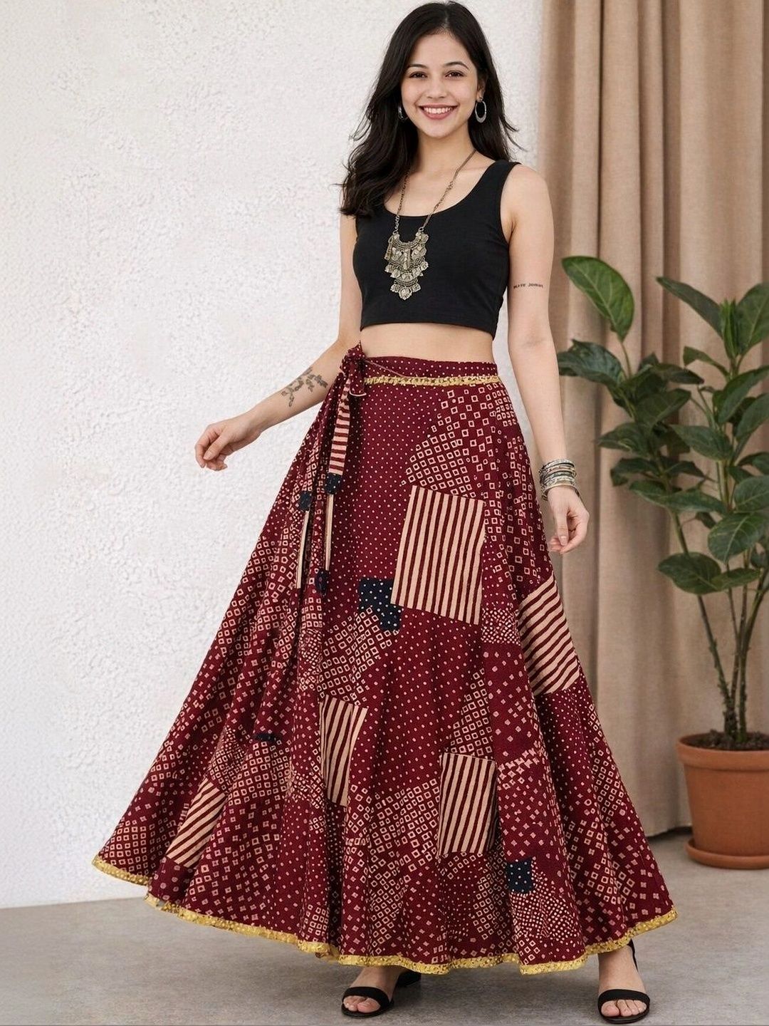 Anouk Women Cotton Cotton Cambric Geometric Maxi Flared Skirt-picture-53