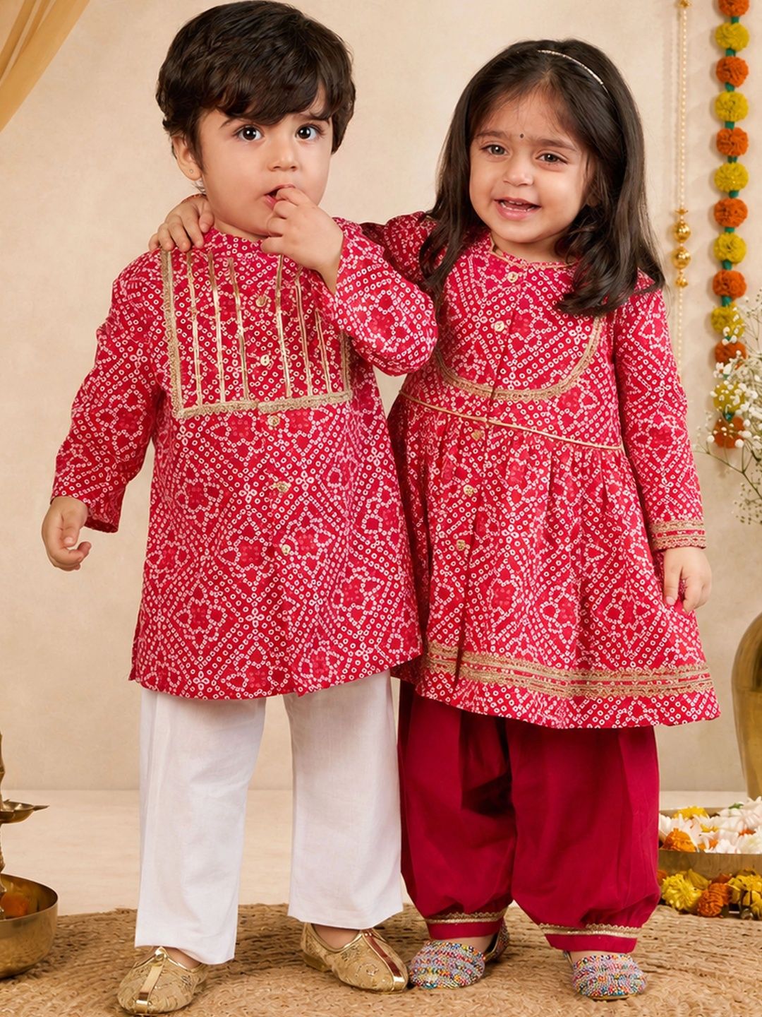 VASTRAMAY Girls Bandhani Printed Empire Gotta Patti Pure Cotton Kurta with Patiala-picture-22