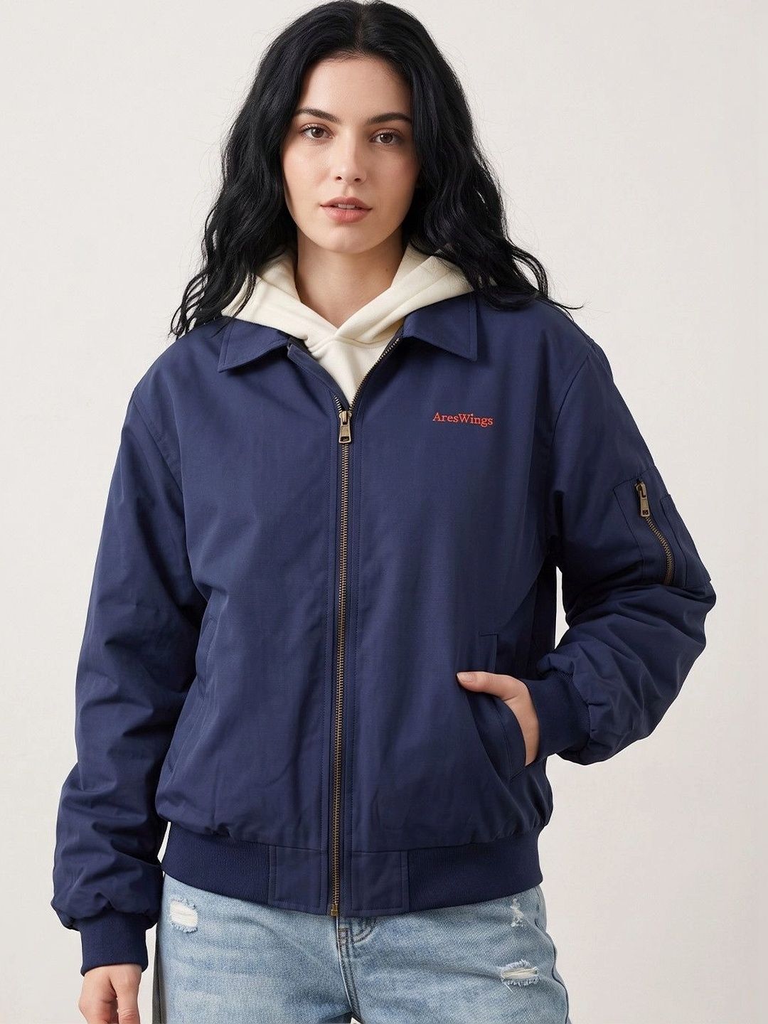 Suo Women Typography Printed Spread Collar Bomber Jacket-picture-58