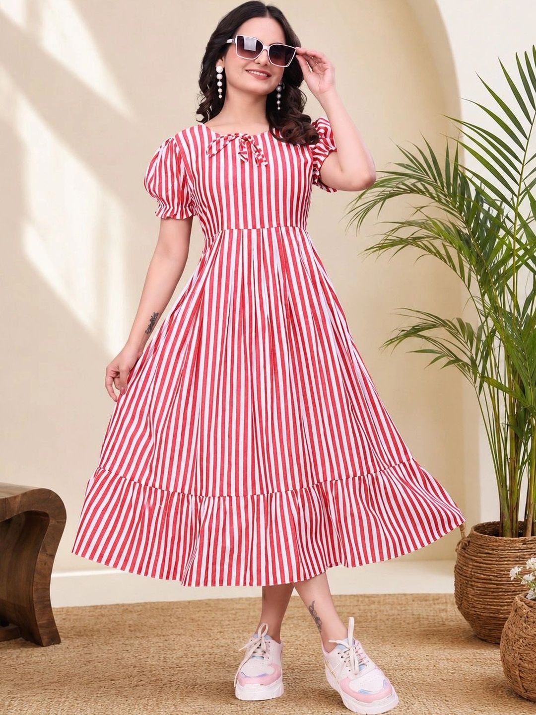 QENA Women Striped Puff Sleeve Ruffled A-Line Midi Dress-image-32