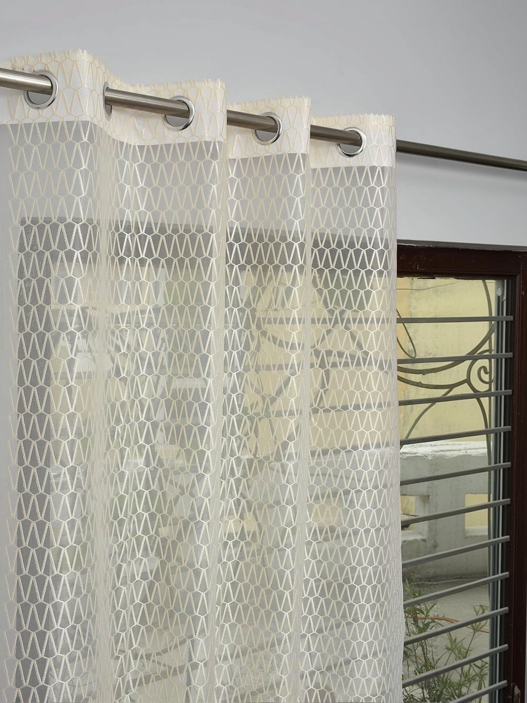 KFHDecor Cream-Coloured Geometric Sheer Door Curtain-image-12