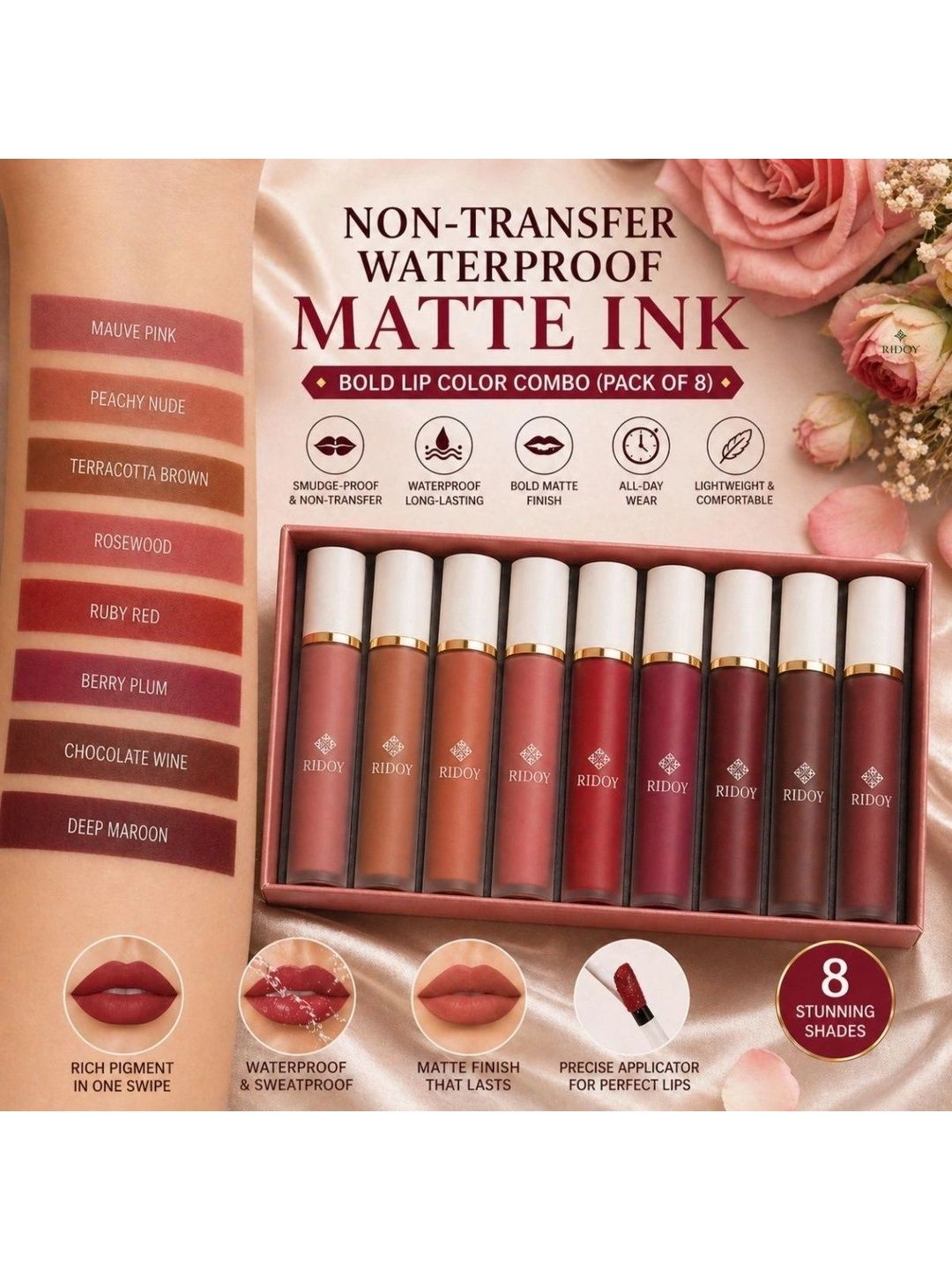 ridoy Set Of 8 Waterproof Liquid Matte Lipstick-3 ml Each - Light Pink-Maroon-Brown-Magent-picture-58