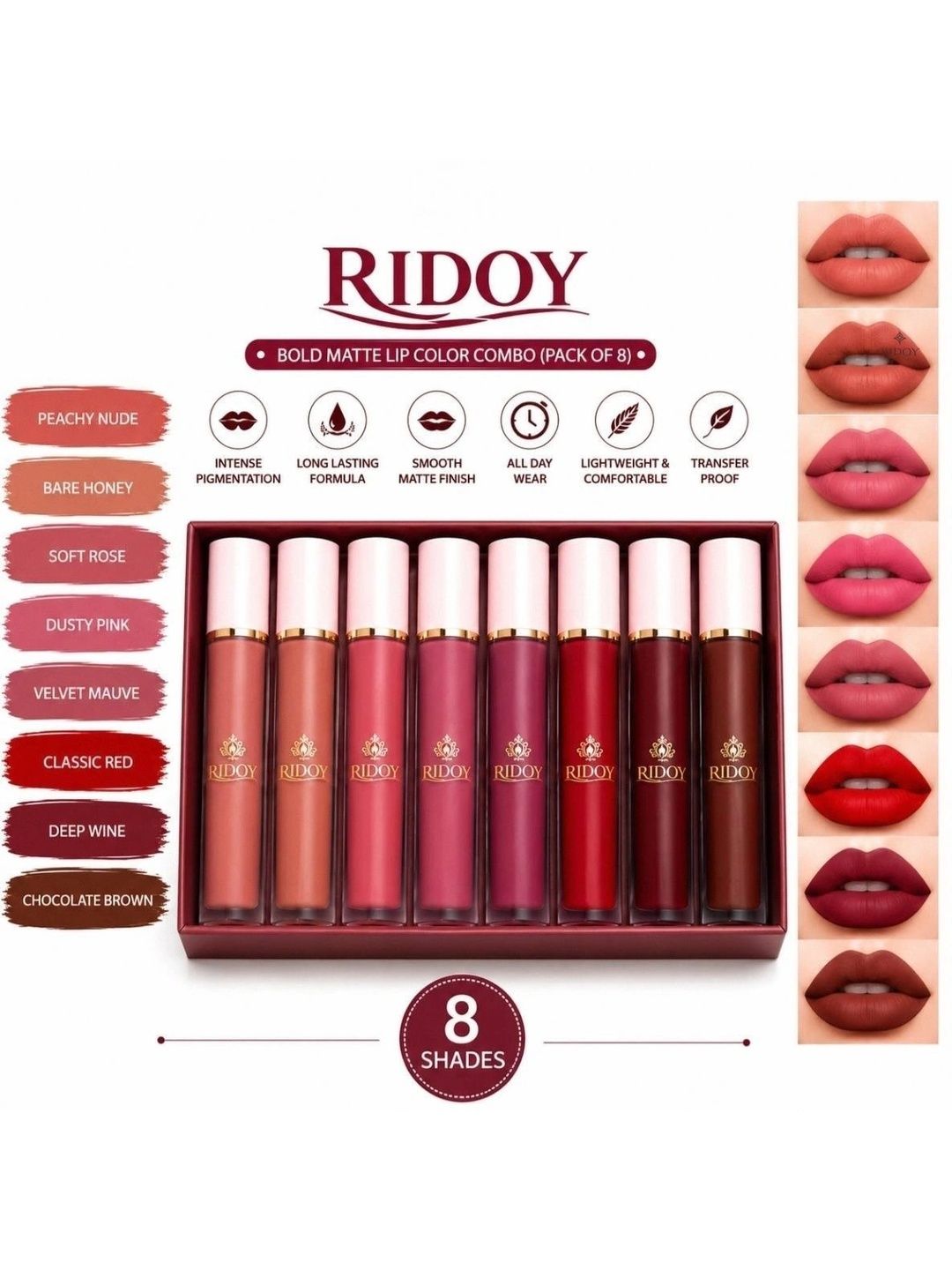 ridoy Set Of 8 Waterproof Liquid Matte Lipstick-3 ml Each - Light Pink-Maroon-Brown-Magent-image-27