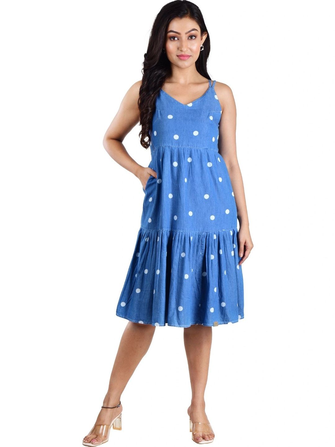 Clothe Funn Polka Dot Print Denim A-Line Dress-picture-2