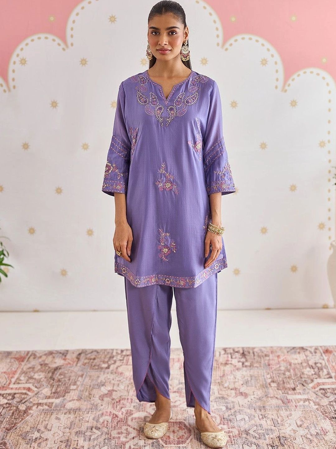 Lakshita Women Ethnic Motifs Embroidered Regular Sequinned Chanderi Cotton Kurta with Dhoti Pants-picture-17