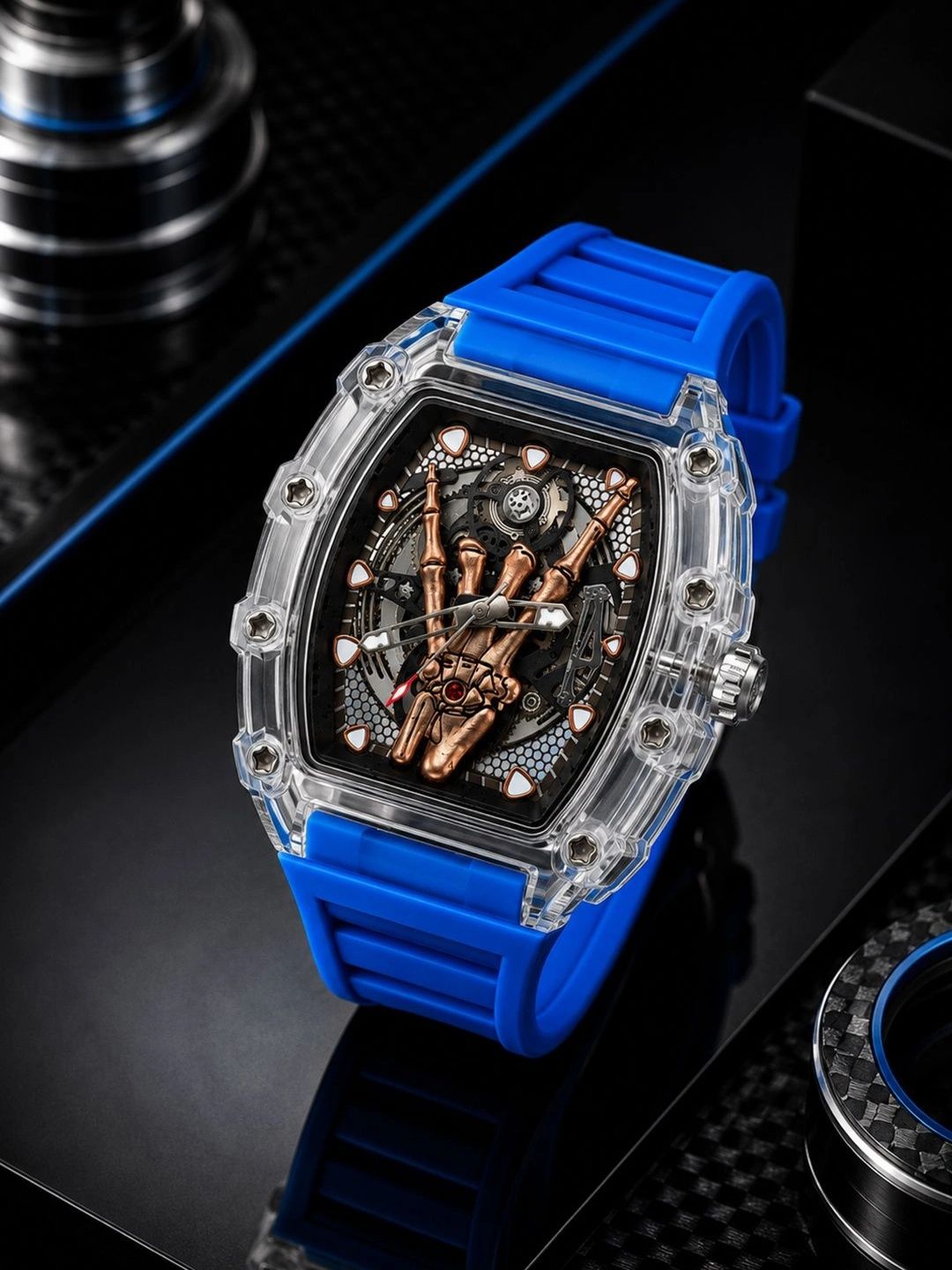 ZIVANCHE Men Skeleton Dial & Stainless Steel Straps Analogue Chronograph Watch Transp-Dial Blue-picture-14