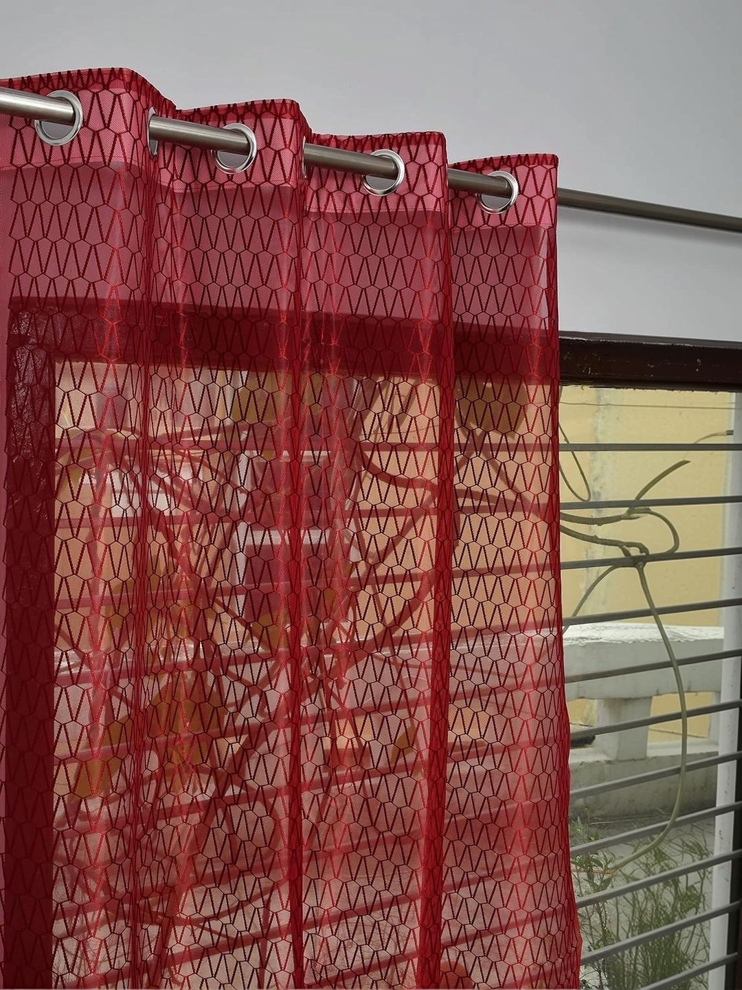 KFHDecor Maroon Set of 2 Geometric Sheer Long Door Curtain-image-49
