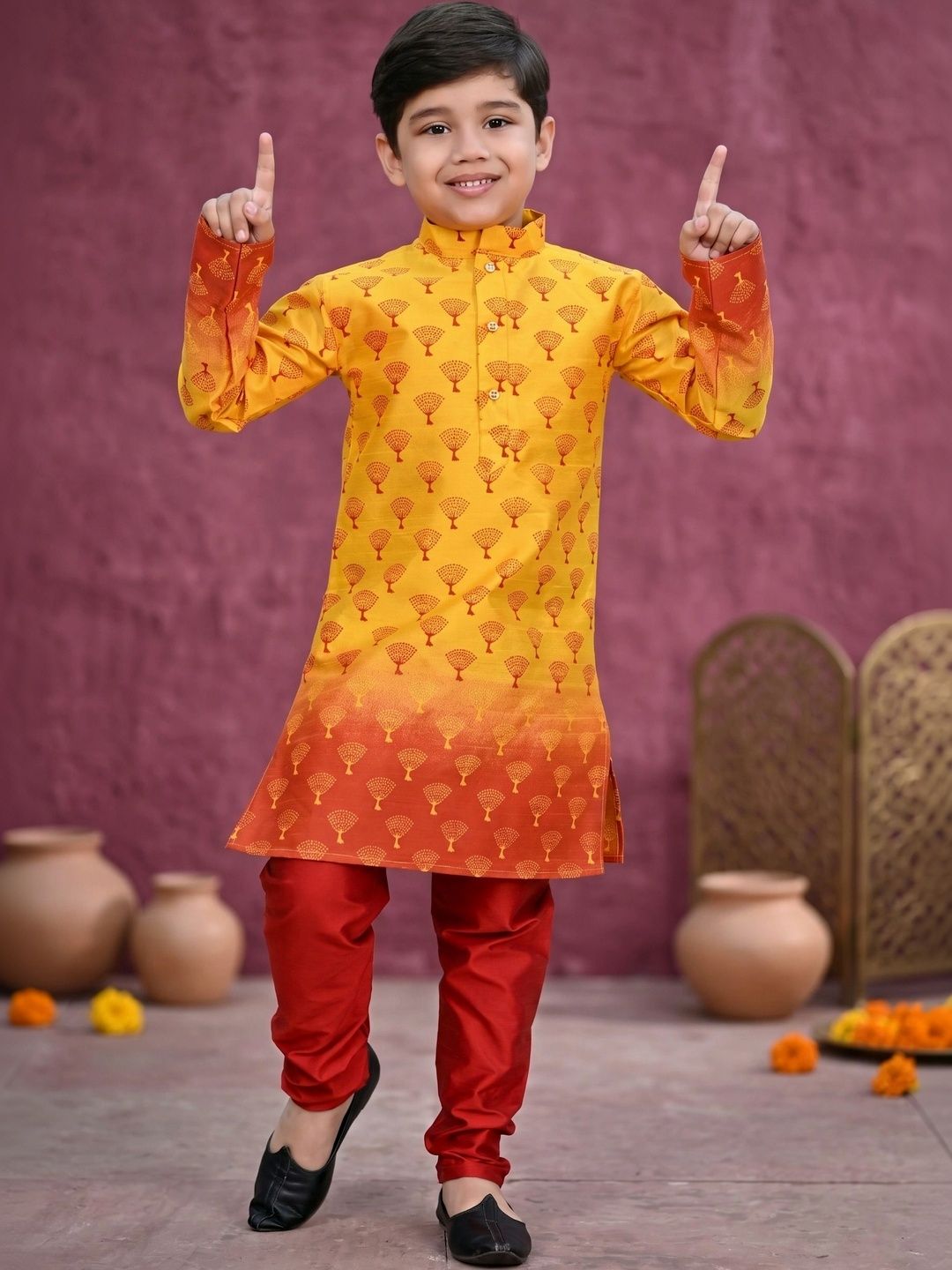 TAKE STYLE Boys Ethnic Motifs Printed Regular Dupion Silk Kurta with Churidar-image-30