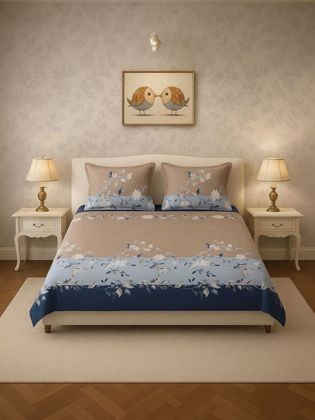 TINDLER KNOTS Blue & Brown Floral 210 TC Bedsheet with 2 Pillow Covers-picture-18