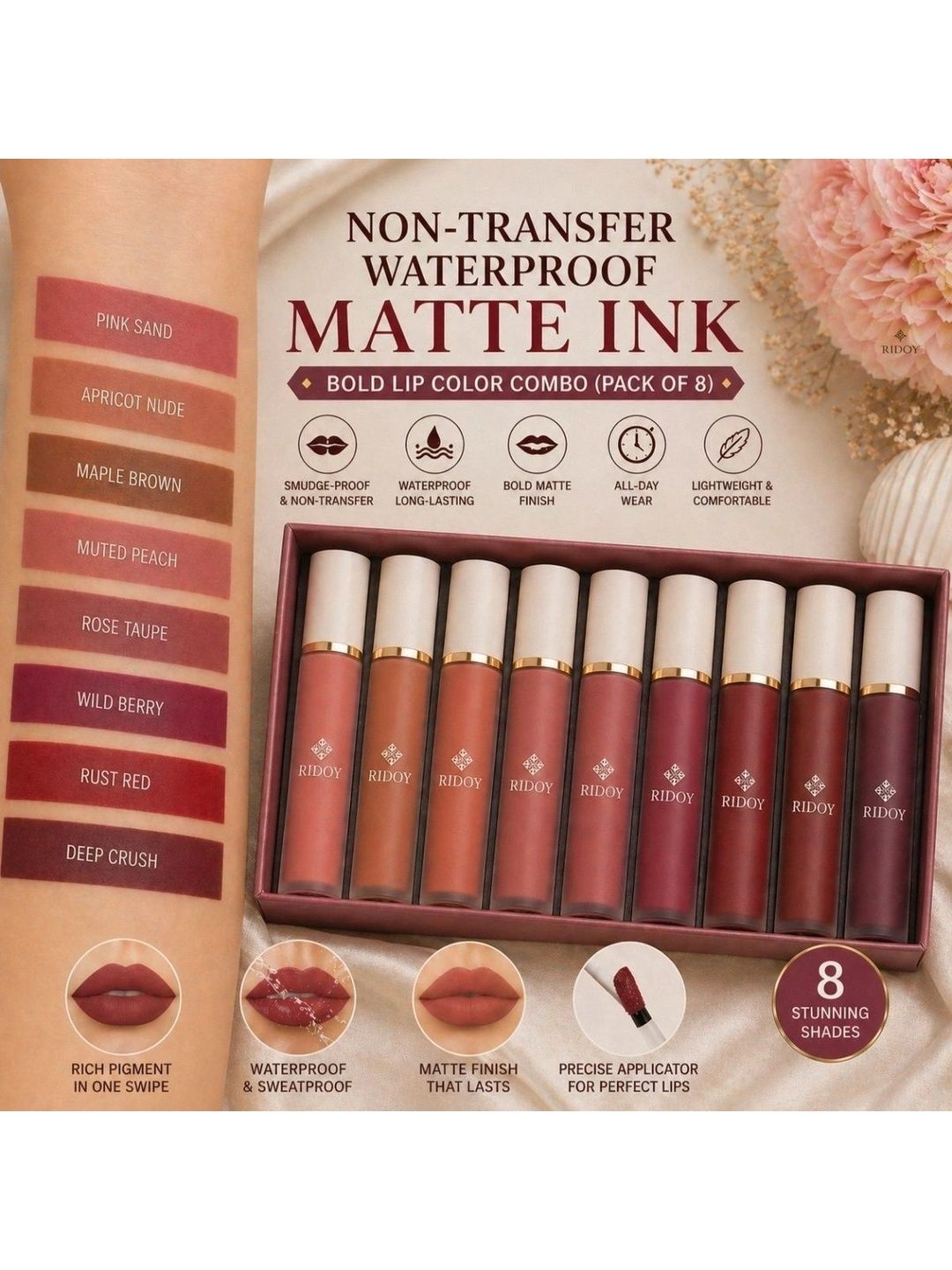 ridoy Set Of 8 Waterproof Liquid Matte Lipstick-3 ml Each - Light Pink-Maroon-Brown-Magent-picture-28