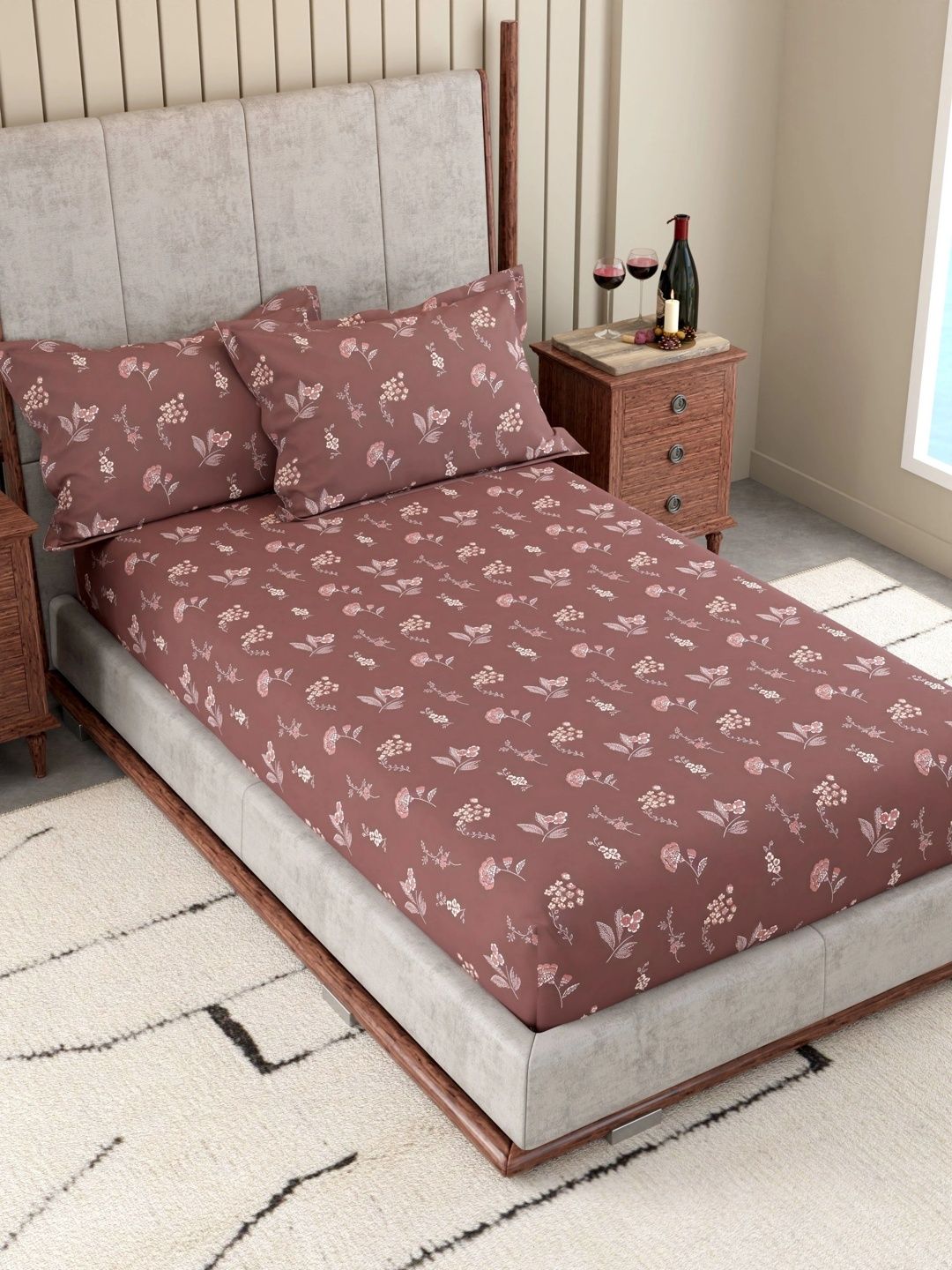Pure Decor Maroon Floral 180 TC Single Bedsheet with 2 Pillow Covers-image-6