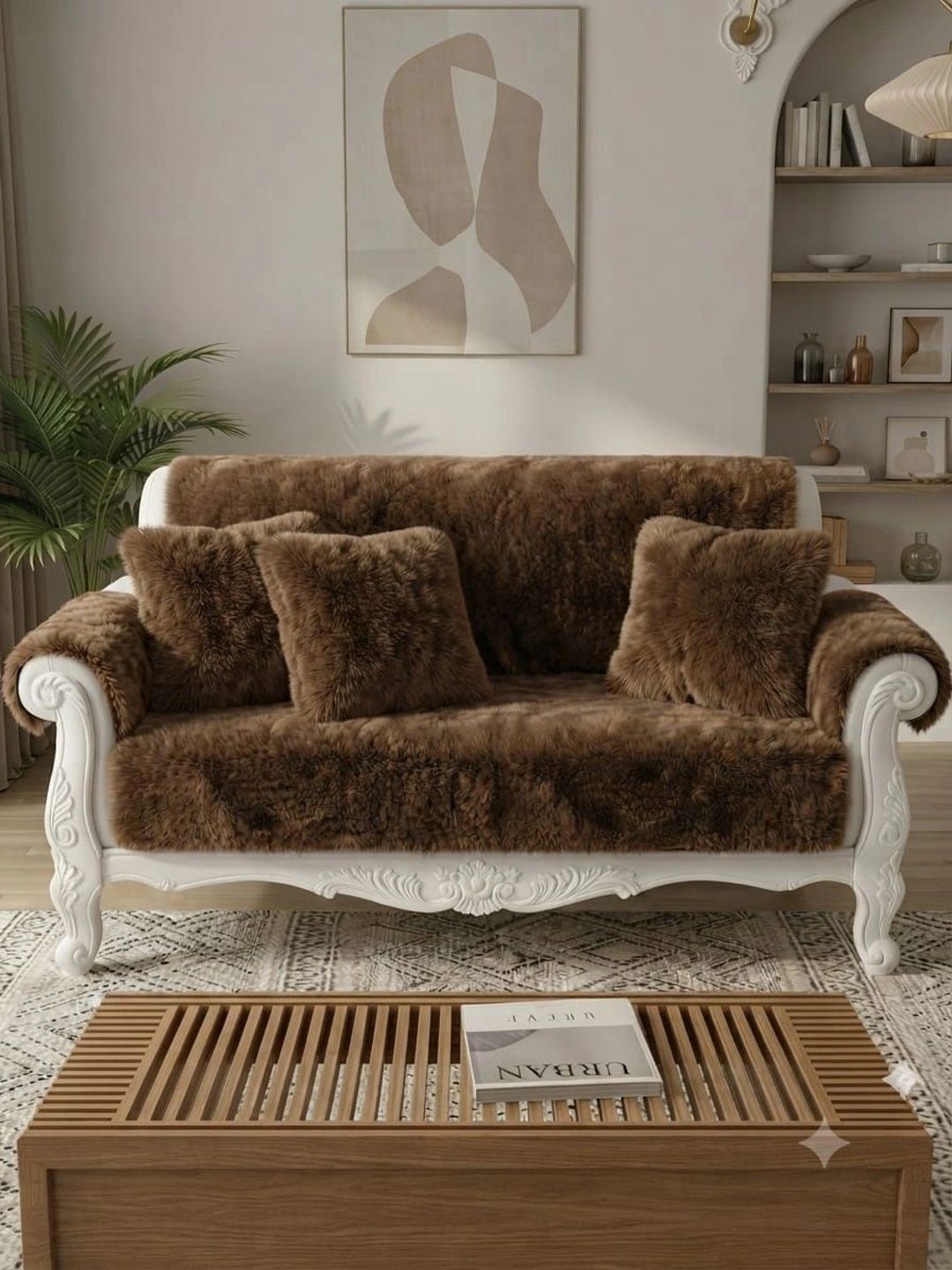 KANUM Brown Solid Viscose Rayon Blend Sofa Cover With Arms-picture-36