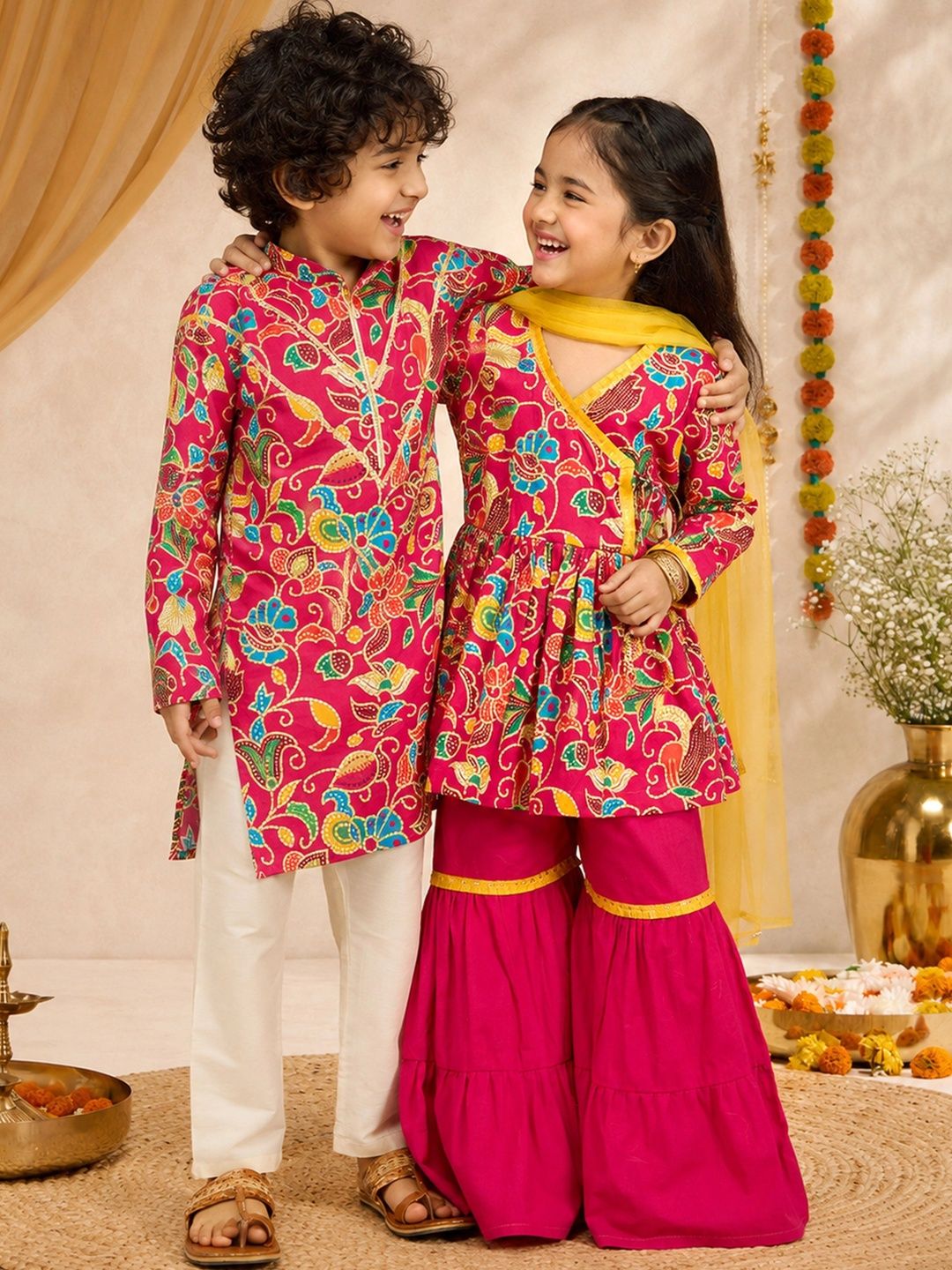 VASTRAMAY Girls Floral Printed Angrakha Kurti with Sharara & With Dupatta-picture-38