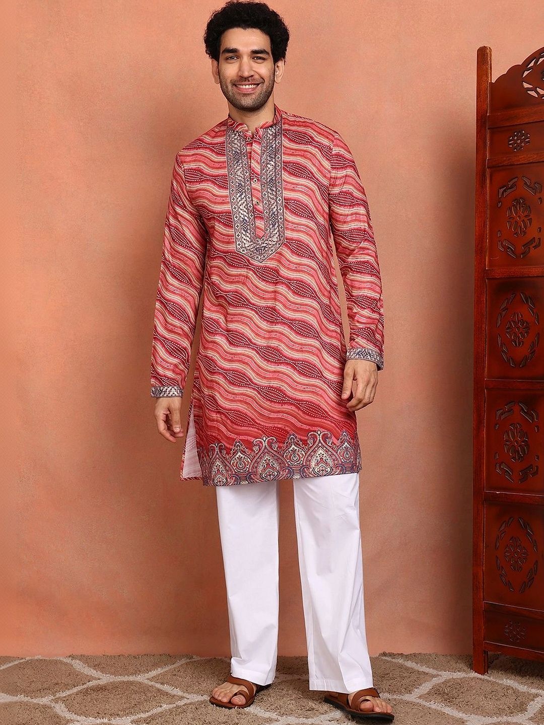 See Designs Men Ethnic Motifs Printed Regular Thread Work Chanderi Silk Kurta with Pyjamas-picture-54