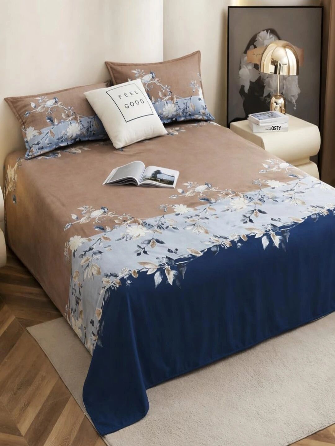 TINDLER KNOTS Blue & Brown Floral 210 TC Bedsheet with 2 Pillow Covers-picture-13