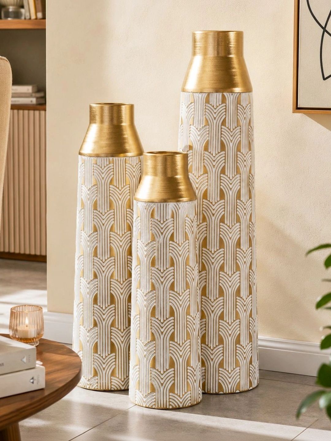 NFI essentials 3-Pcs White Textured Metal Flower Vase-picture-7