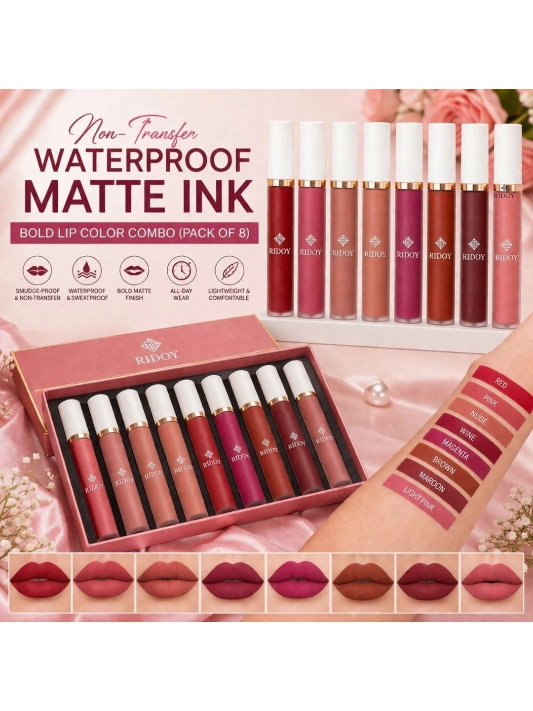 ridoy Set Of 8 Waterproof Liquid Matte Lipstick-3 ml Each - Light Pink-Maroon-Brown-Magent-picture-29