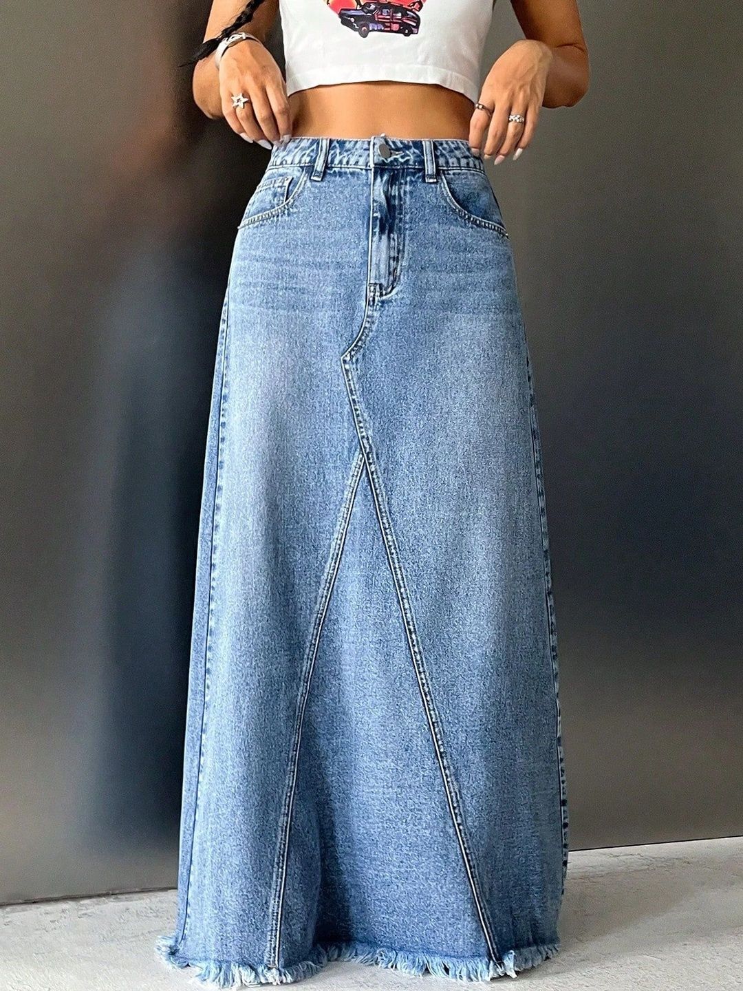 CHALODIA Women Denim Frayed Denim Maxi A-Line Skirt-picture-50