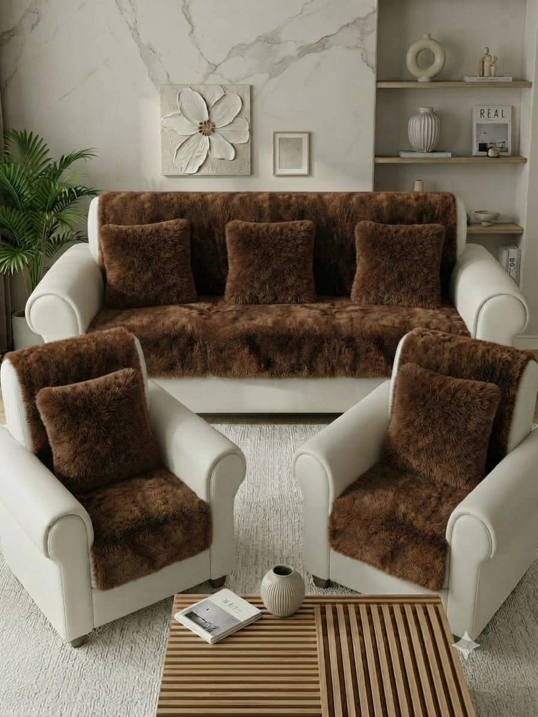 KANUM Brown Solid Viscose Rayon Blend Sofa Cover Without Arms-picture-12