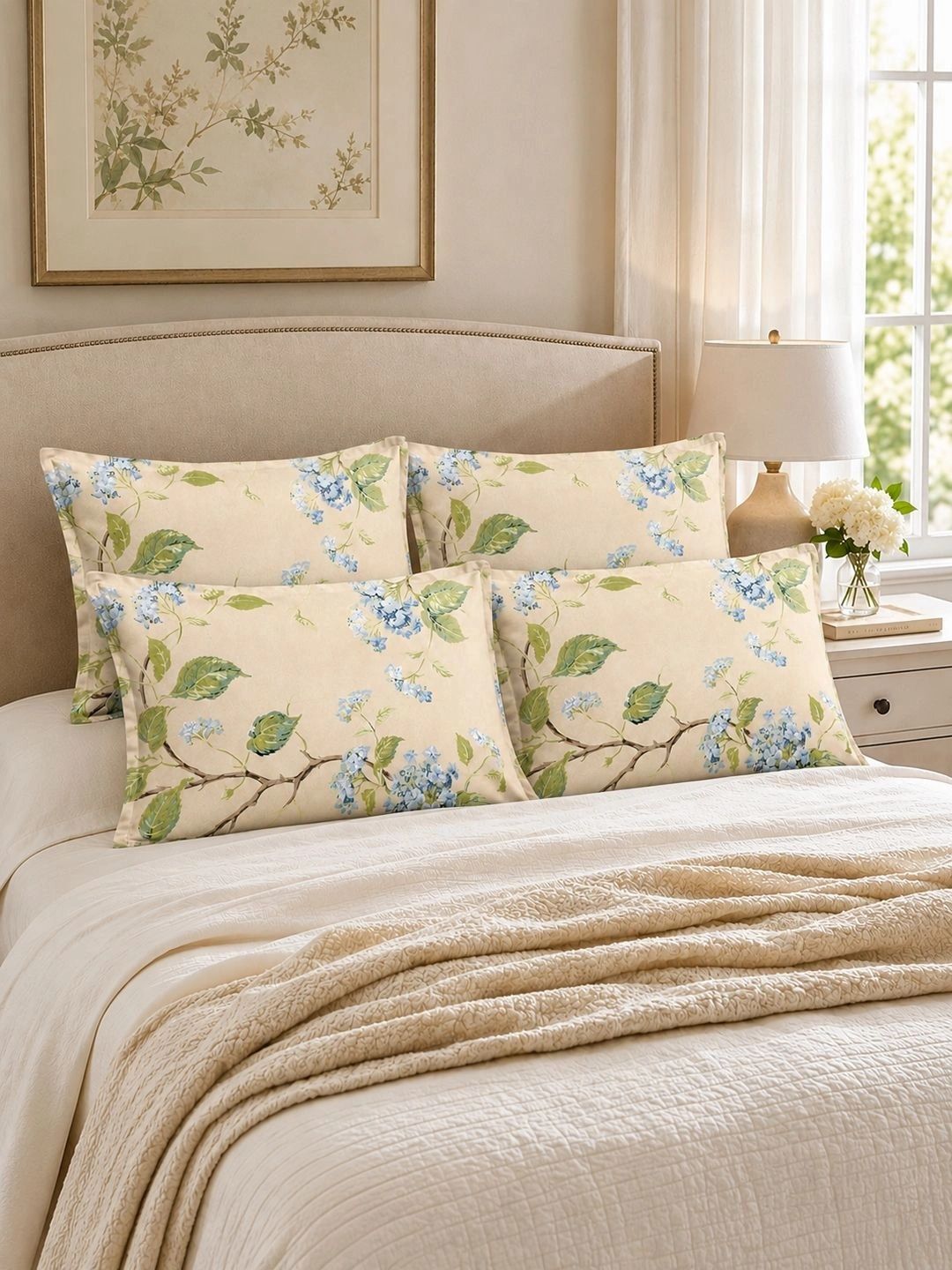 Clasiko Beige 4 Pieces Floral Pure Cotton Blend Rectangle Pillow Covers-picture-2