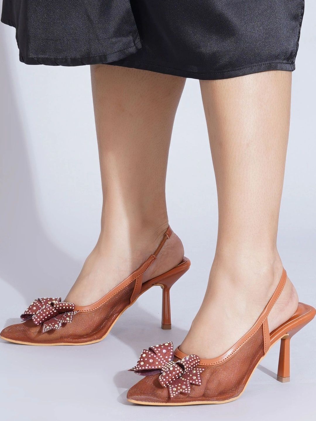 MIXBLA Textured Slim Heeled Pumps with Bows-picture-42