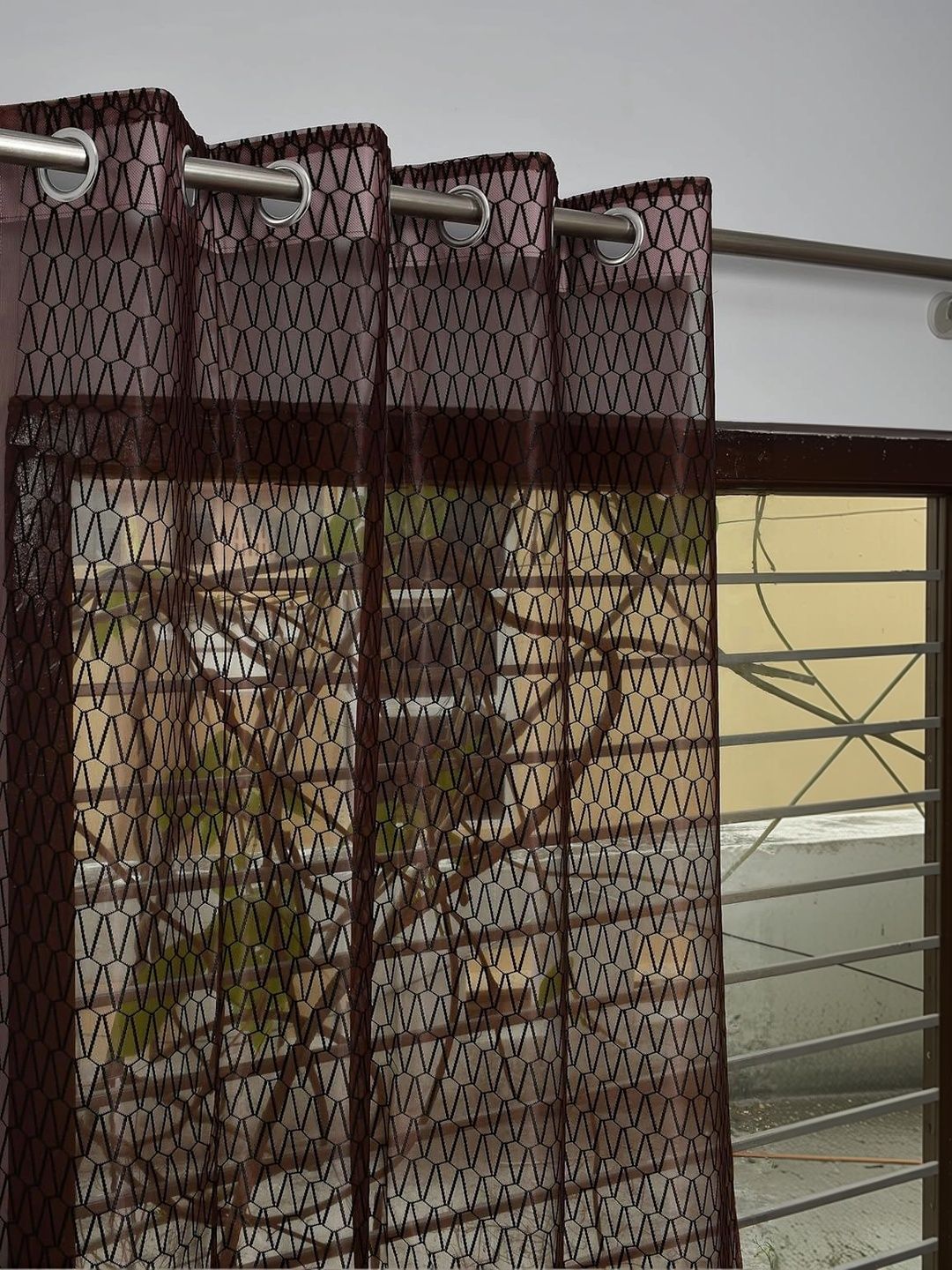 KFHDecor Brown Geometric Sheer Long Door Curtain-image-45