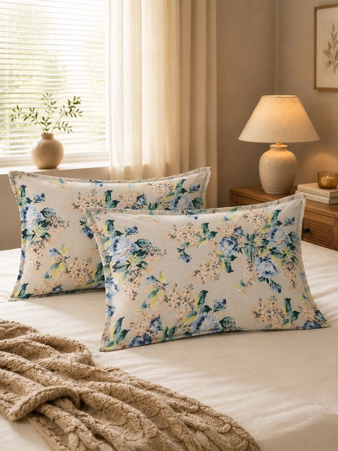 Clasiko Beige 2 Pieces Floral Pure Cotton Blend Rectangle Pillow Covers-picture-1