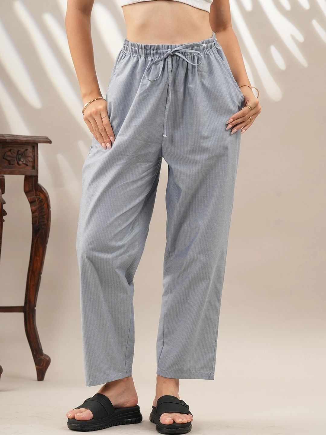 Style Shoes Striped Cotton Mid-Rise Straight Lounge Pants-picture-14
