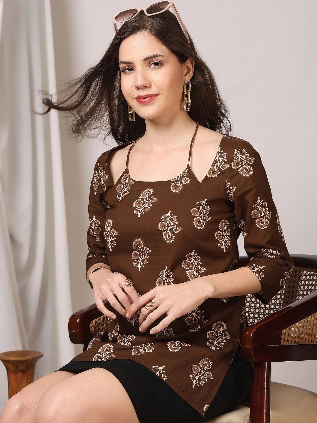 KALINI Floral Print Keyhole Neck Cotton Top-picture-22