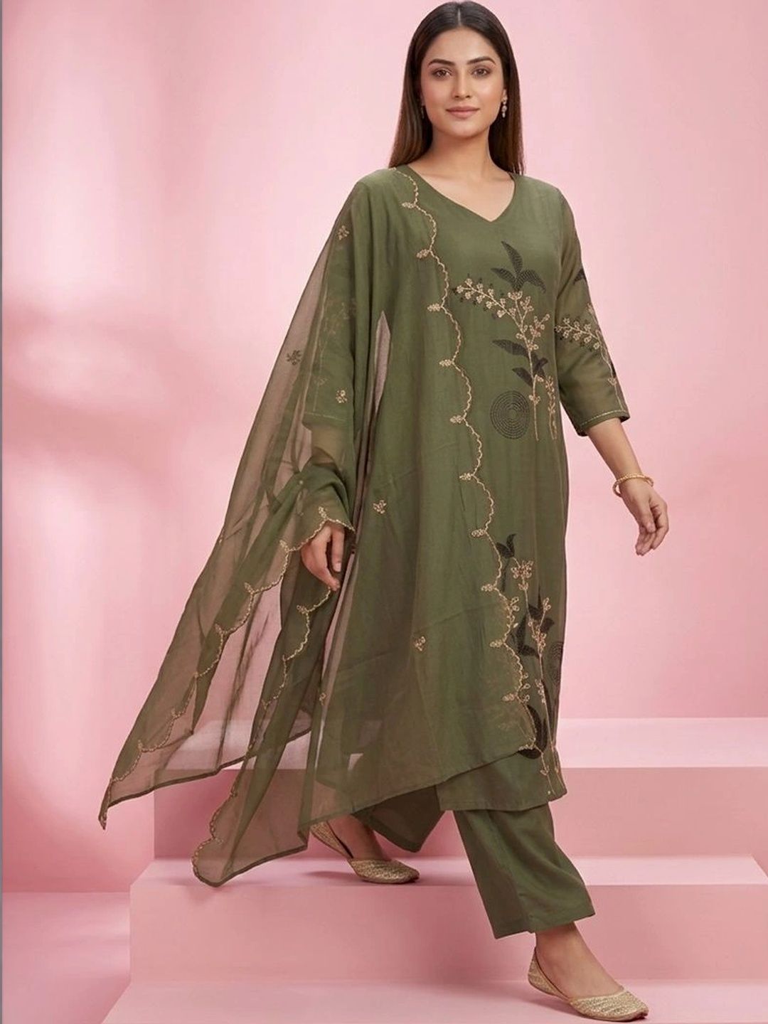 gokurtis Women Botanical Embroidered V-Neck Thread Work Pure Cotton Blend Kurti-picture-35