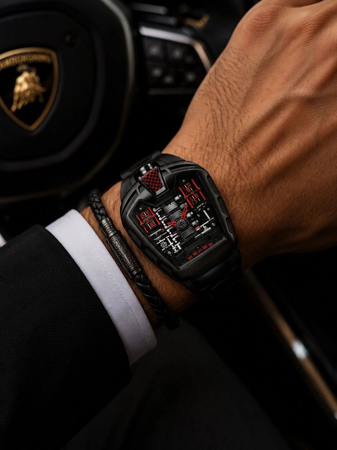 ZIVANCHE Men Skeleton Dial & Stainless Steel Straps Analogue Watch Fer-Eng Blk Red-picture-15