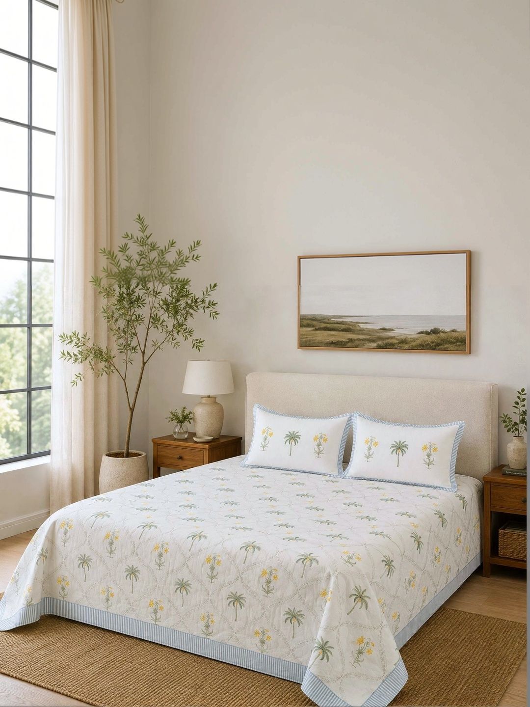 Rajasthan Decor Cream-Coloured Floral 210TC Cotton Super King Bedsheet Set 2.50 m x 2.70 m