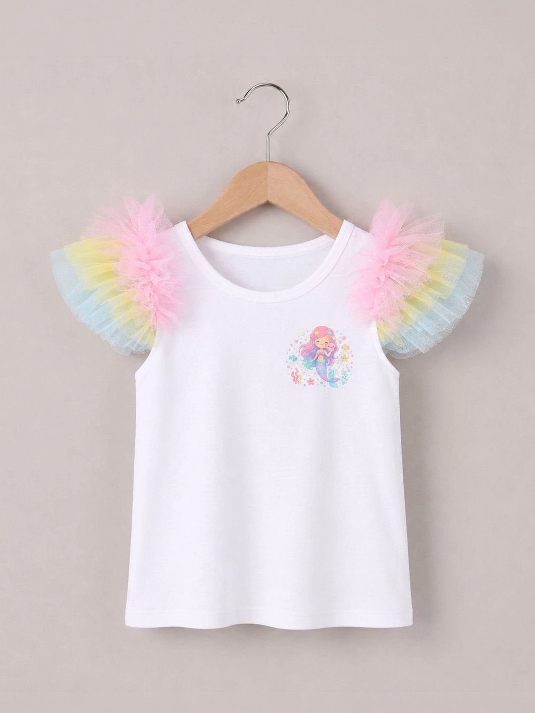 bubble berry Girl's 100 Cotton Ruffled Rainbow Mermaid White Colourful Tops-picture-13